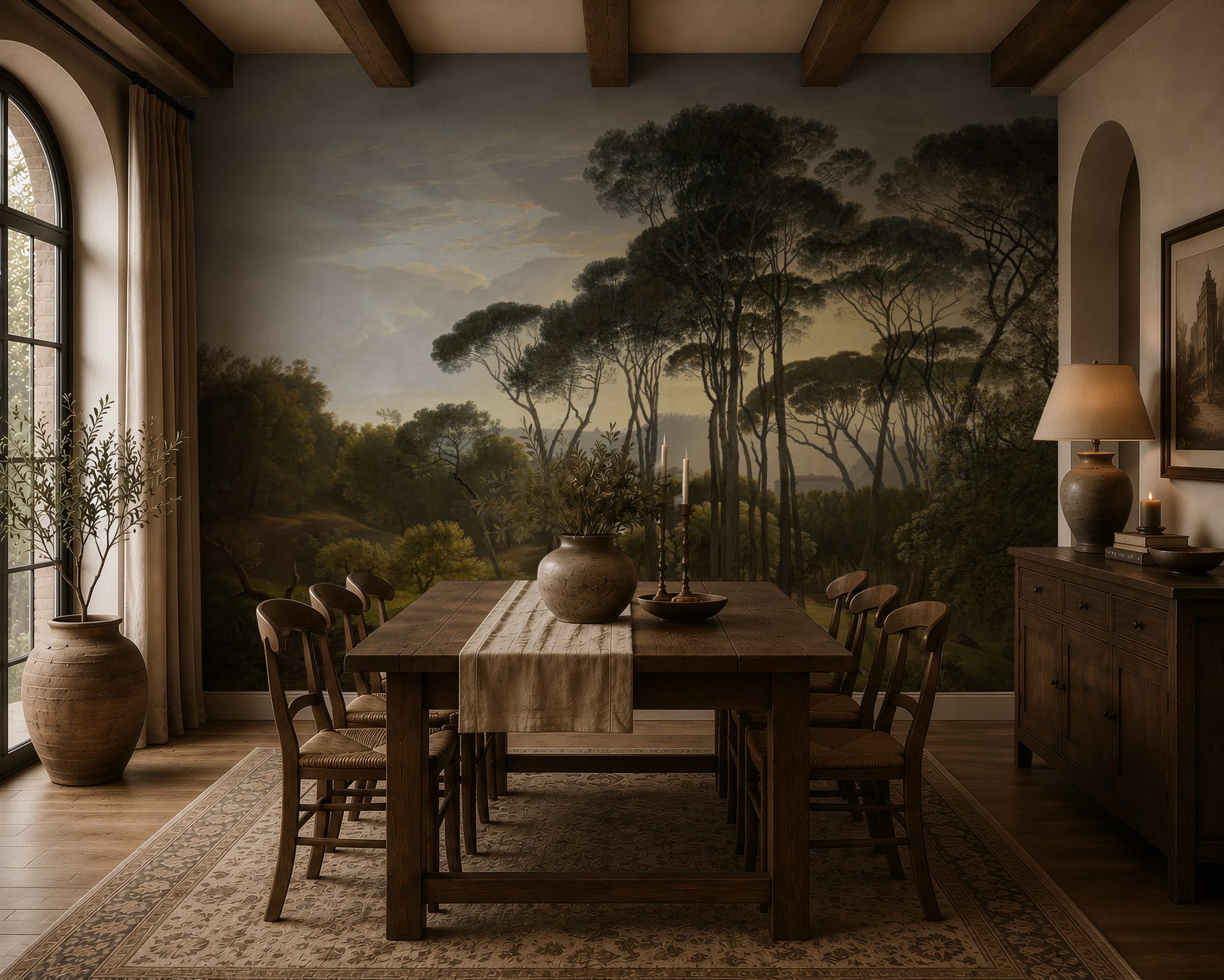 Vintage pine forest wallpaper wall mural with tall scenic trees, layered woodland, and a dramatic atmospheric landscape