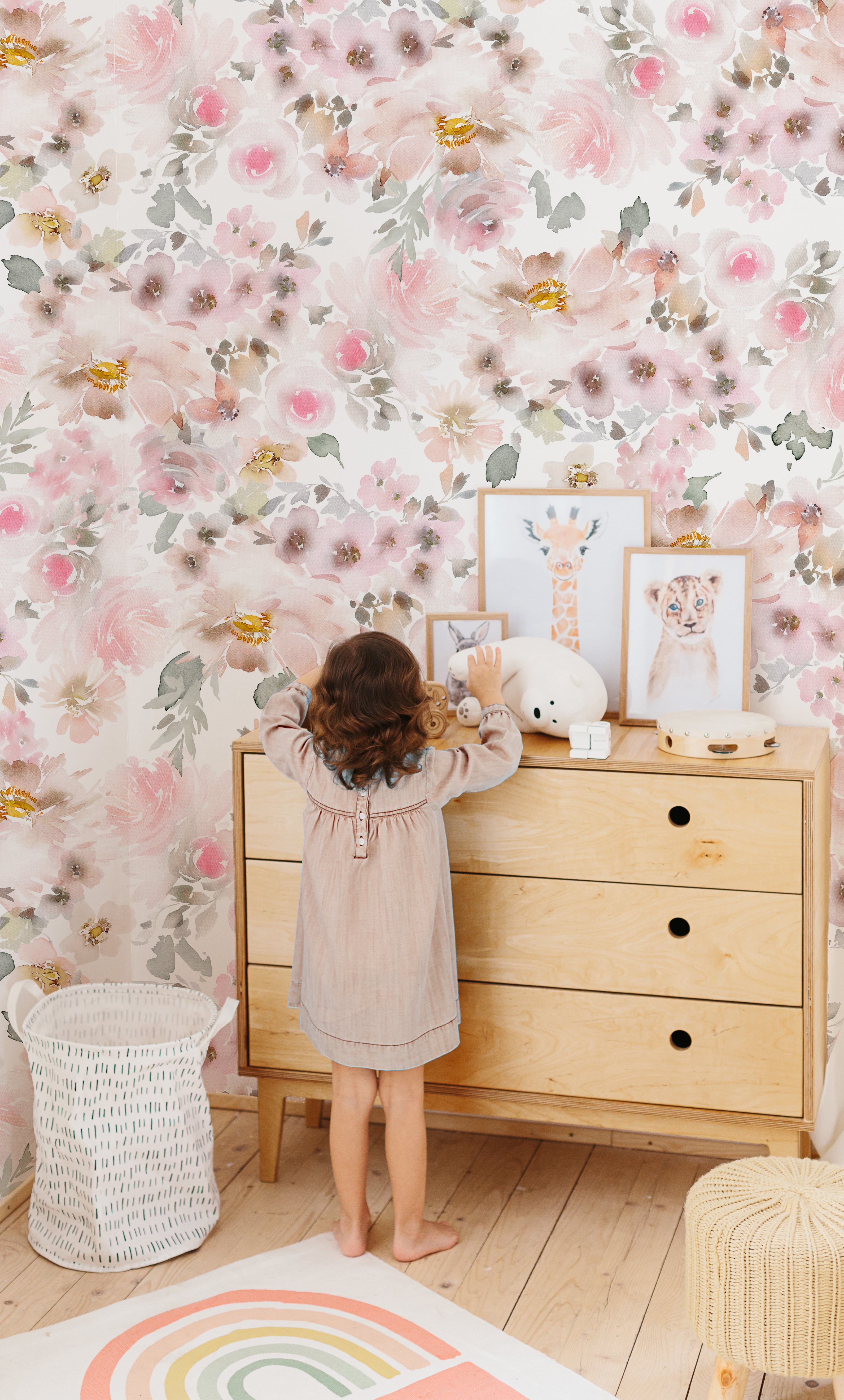Blush pink floral wallpaper in girls bedroom
