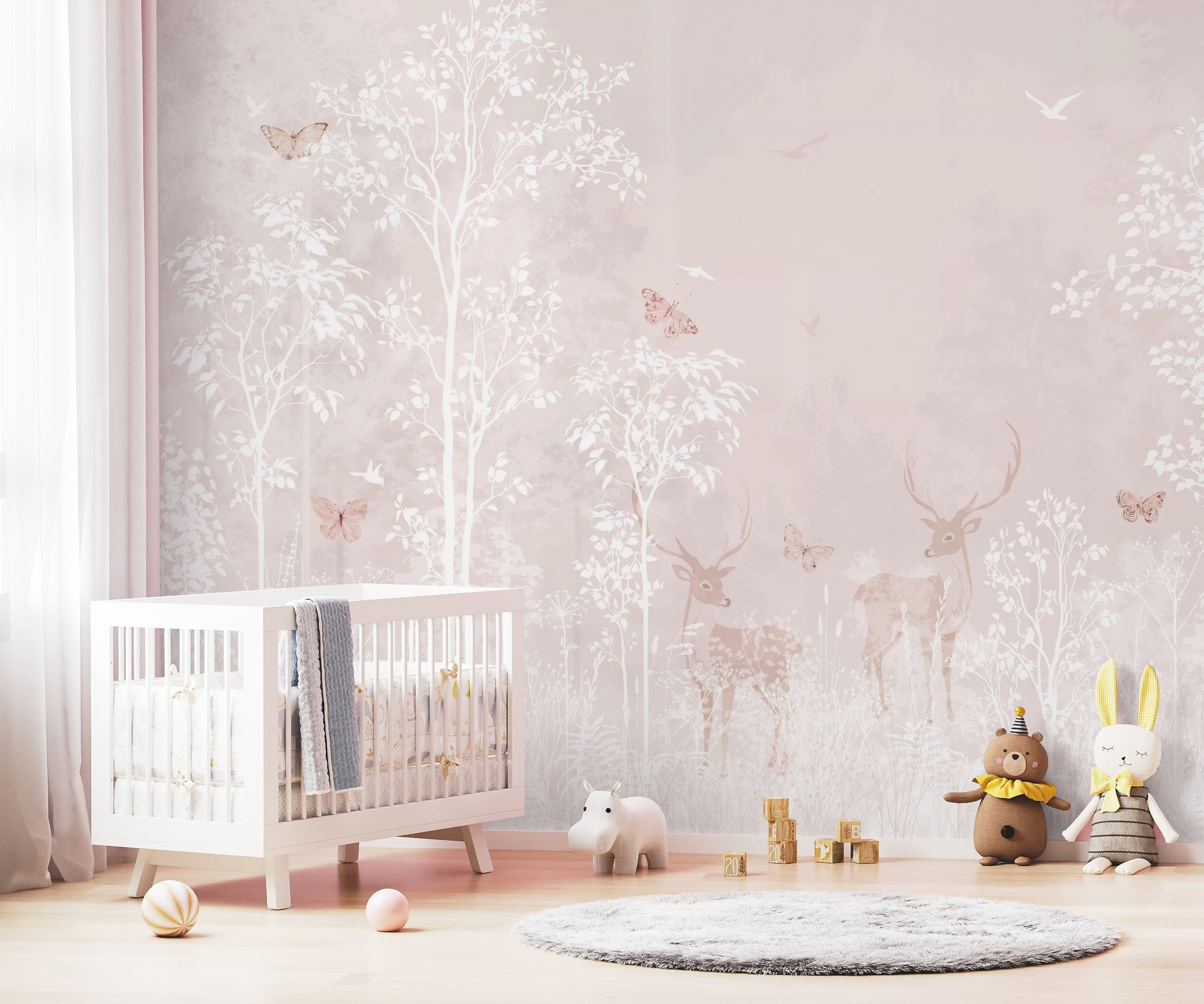 Woodland animal wallpaper with butterflies and trees
