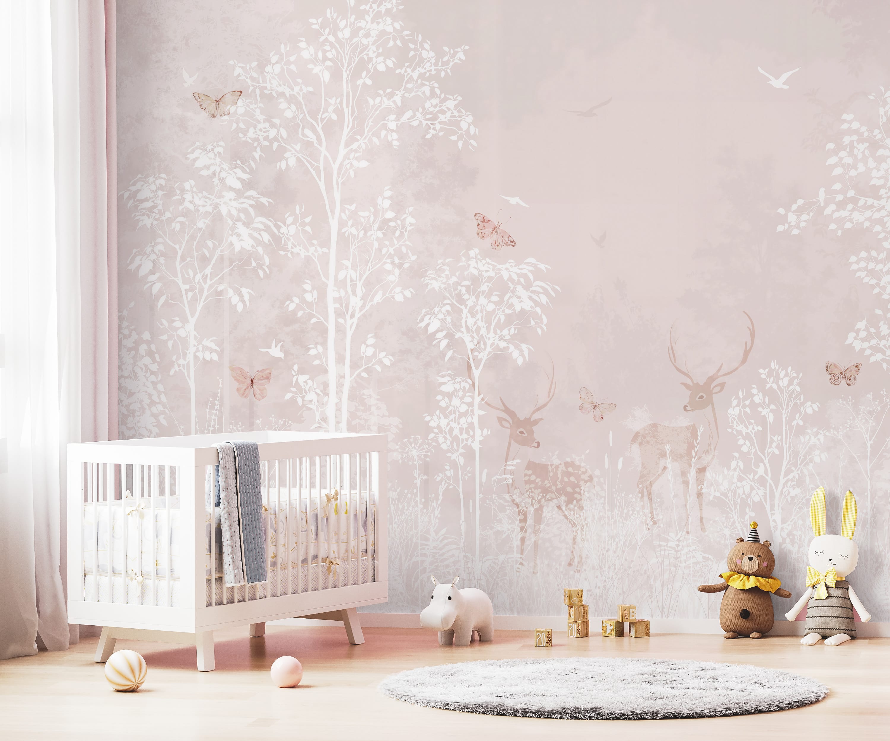 Woodland animal wallpaper with butterflies and trees