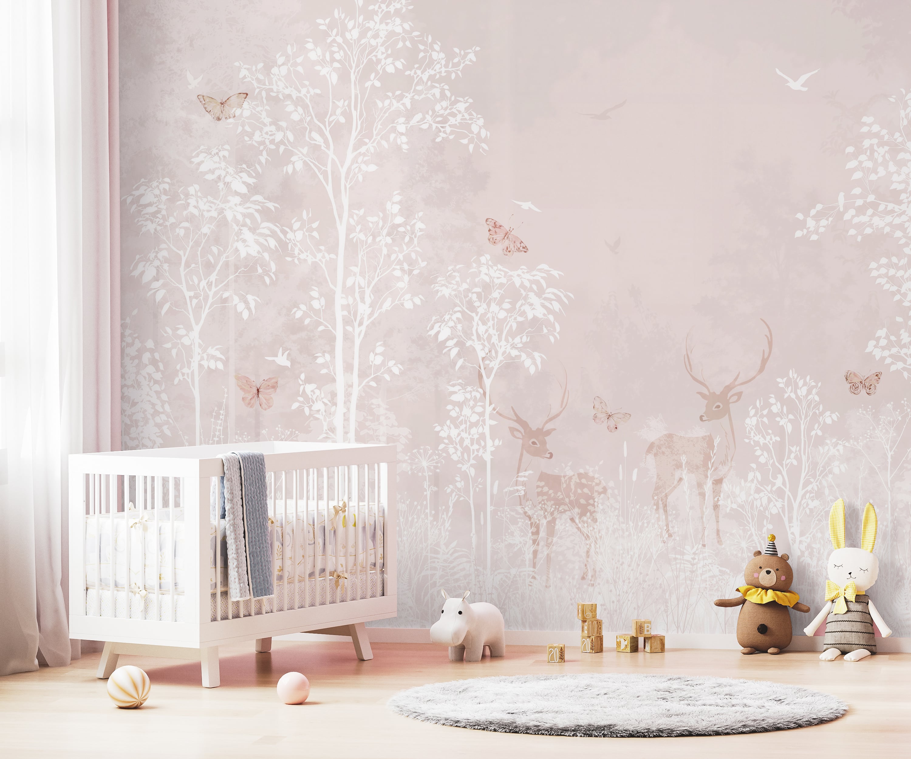 Woodland animal wallpaper with butterflies and trees