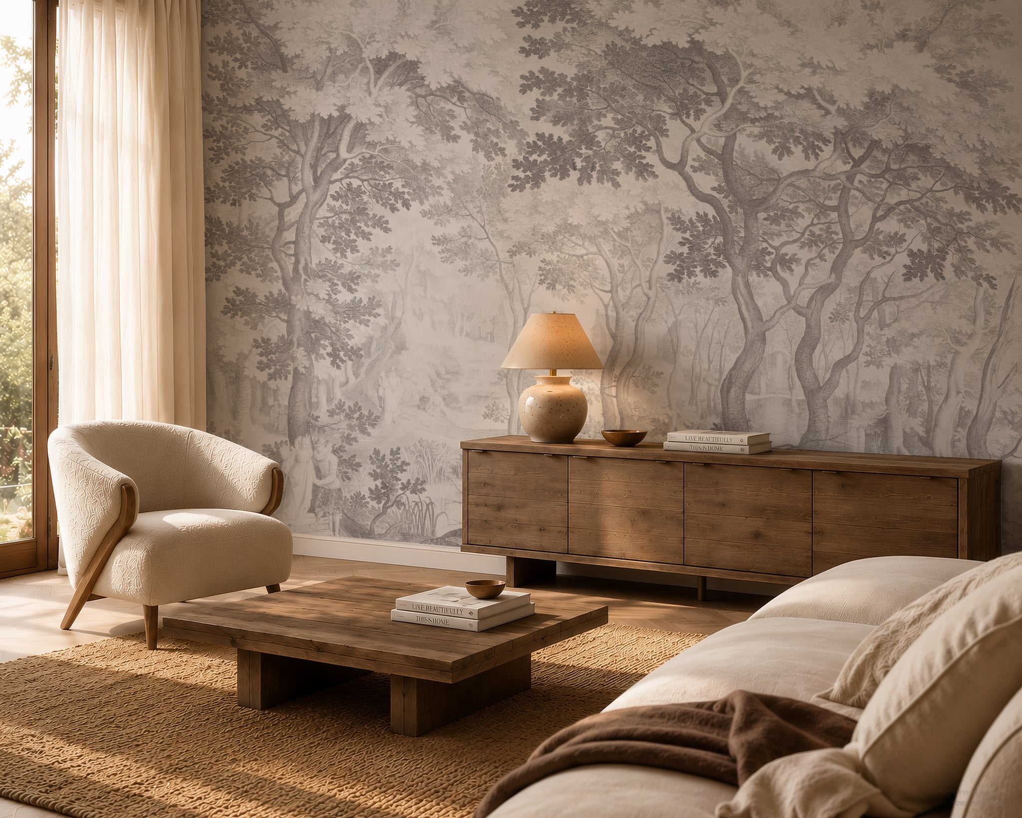 Black and white engraved forest wallpaper wall mural with large trees and layered woodland scenery