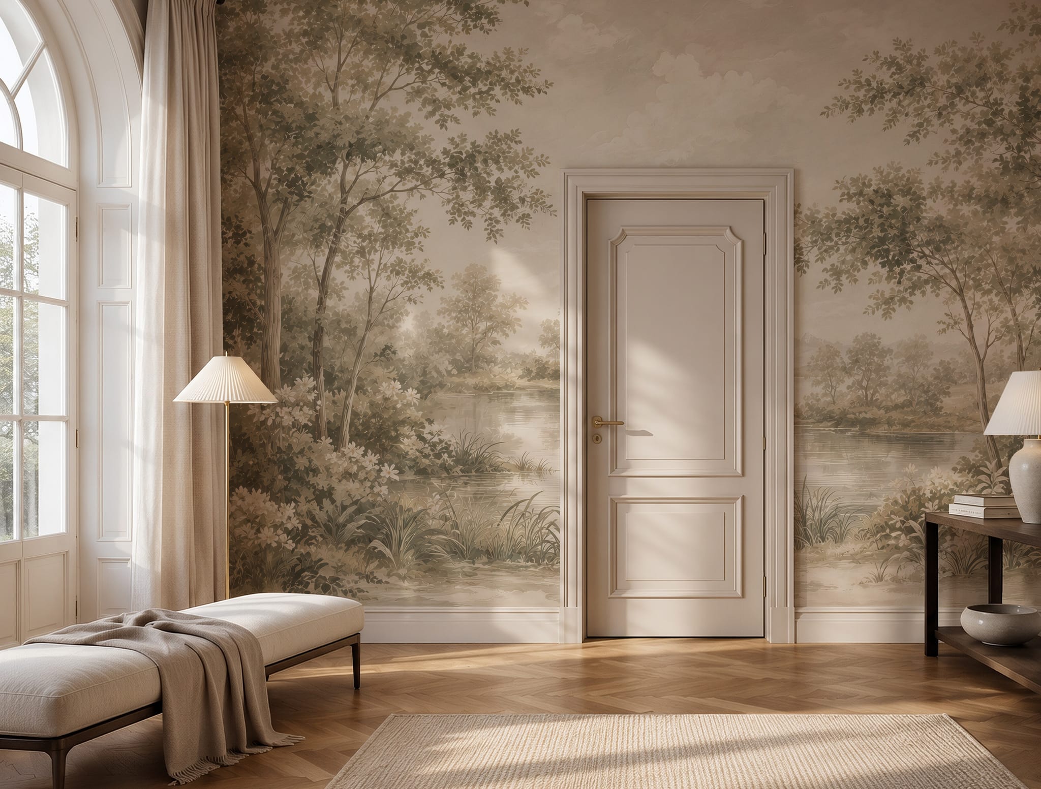 Neutral forest lake wallpaper mural in an elegant beige living room with botanical trees and a serene landscape