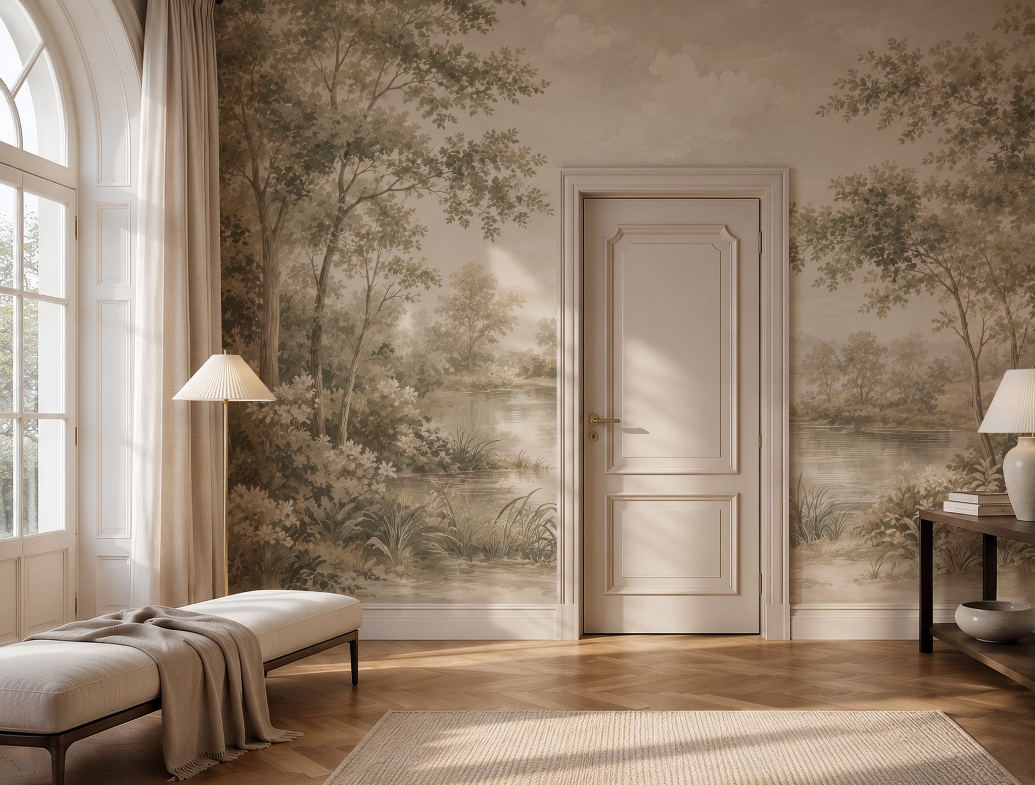 Neutral forest lake wallpaper mural in an elegant beige living room with botanical trees and a serene landscape
