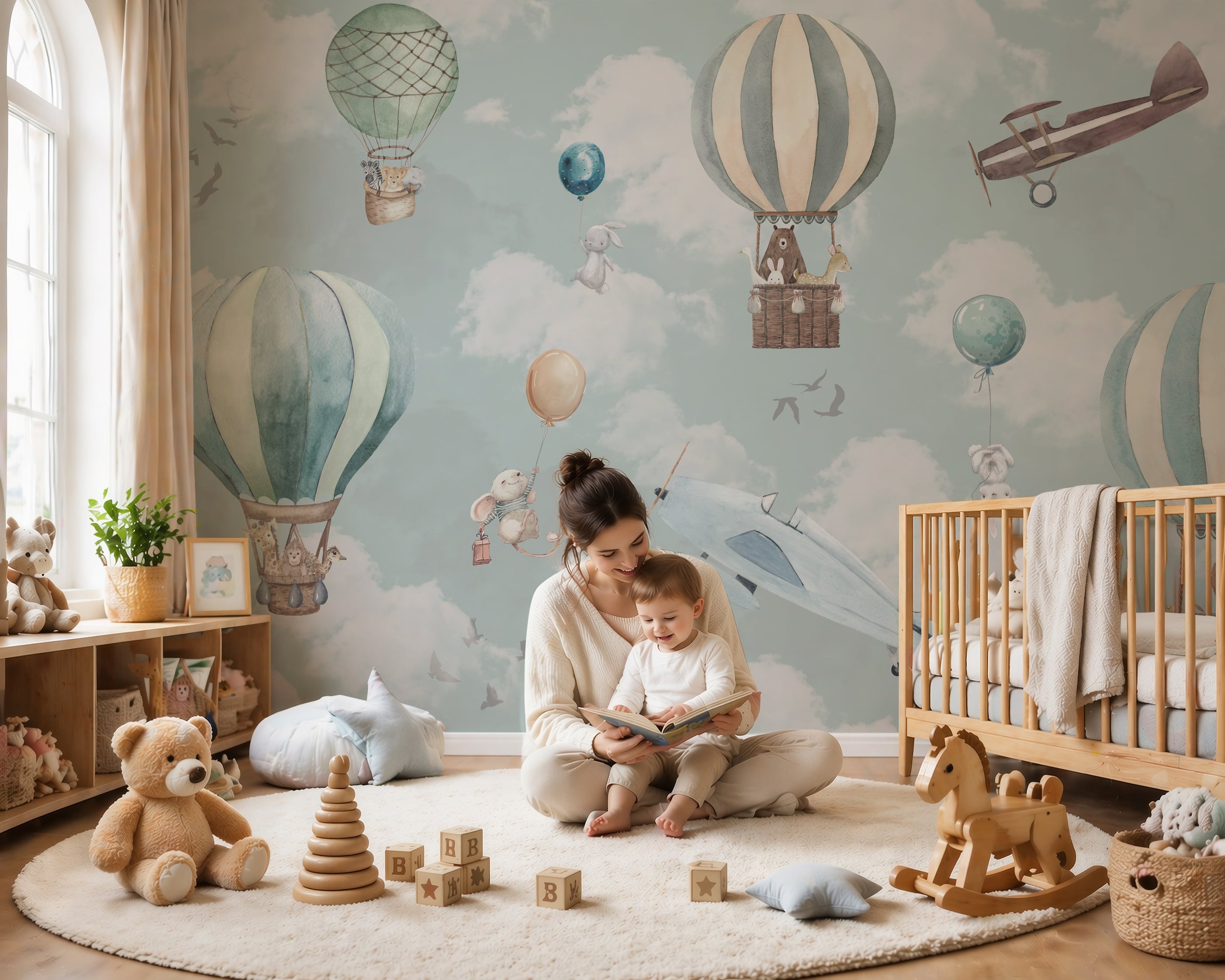 Hot air balloon nursery wallpaper with animals and airplane