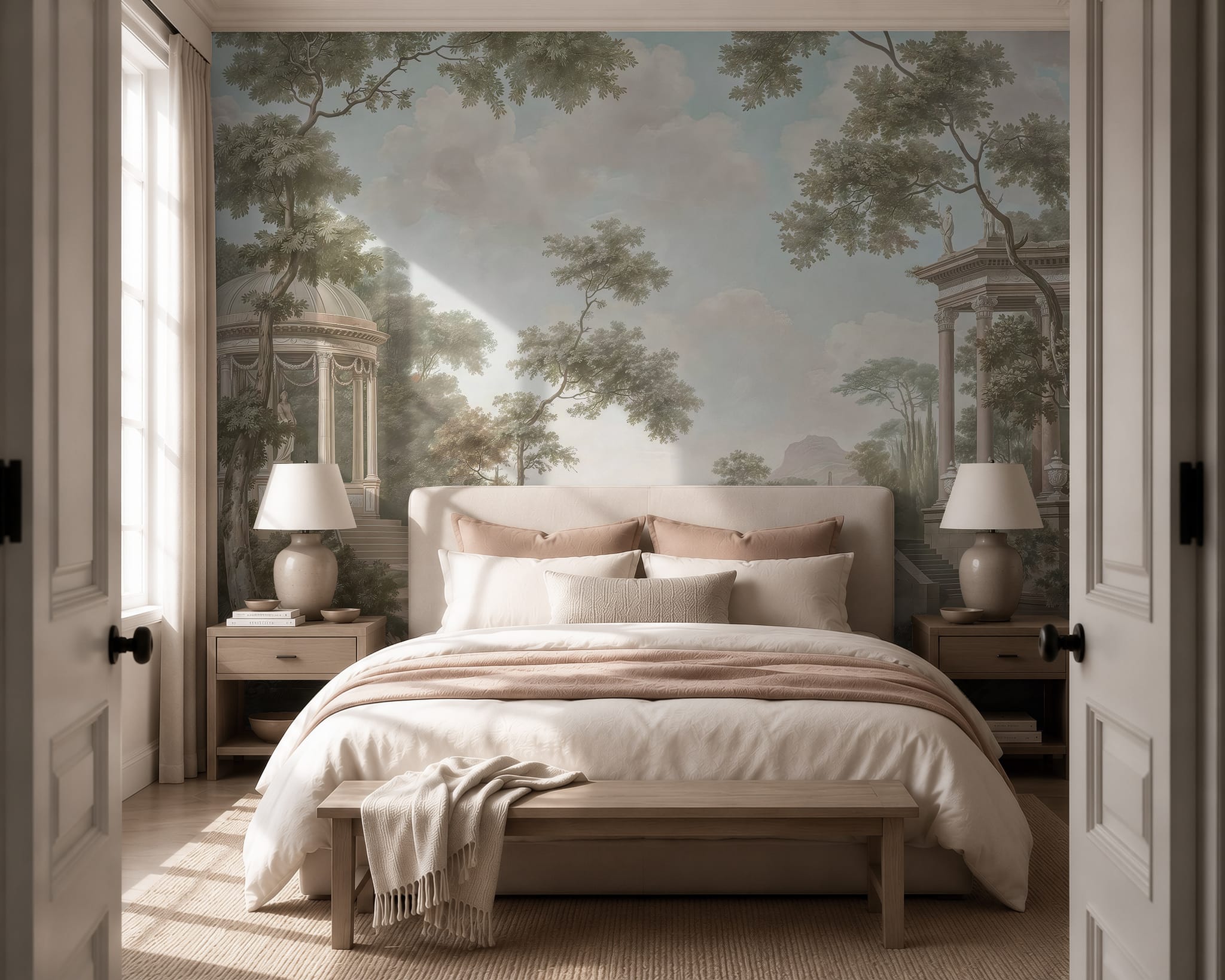 Romantic scenic wallpaper with classical garden architecture and peaceful natural landscape