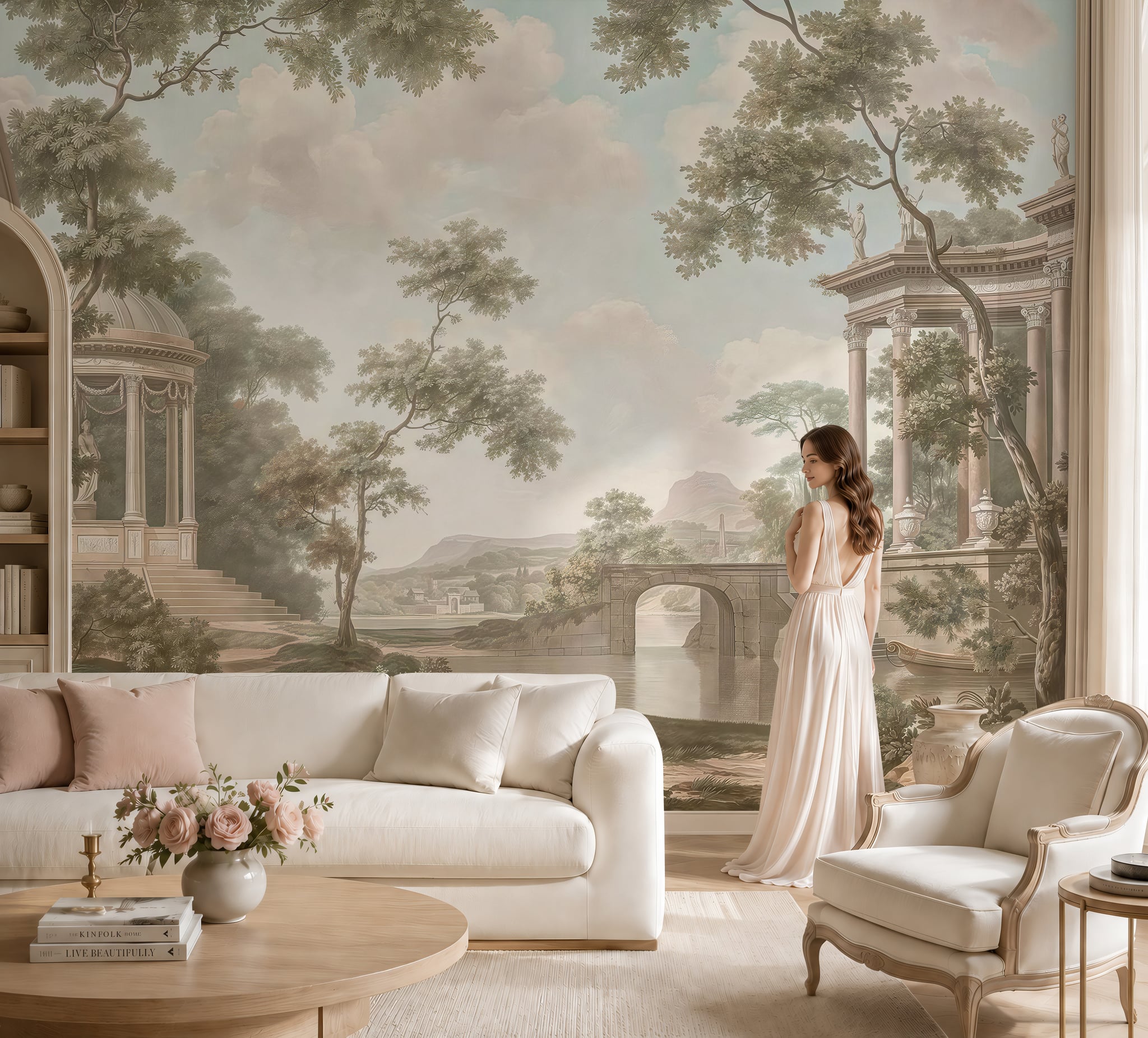 Classical landscape wallpaper mural with neoclassical architecture, trees, river and stone bridge