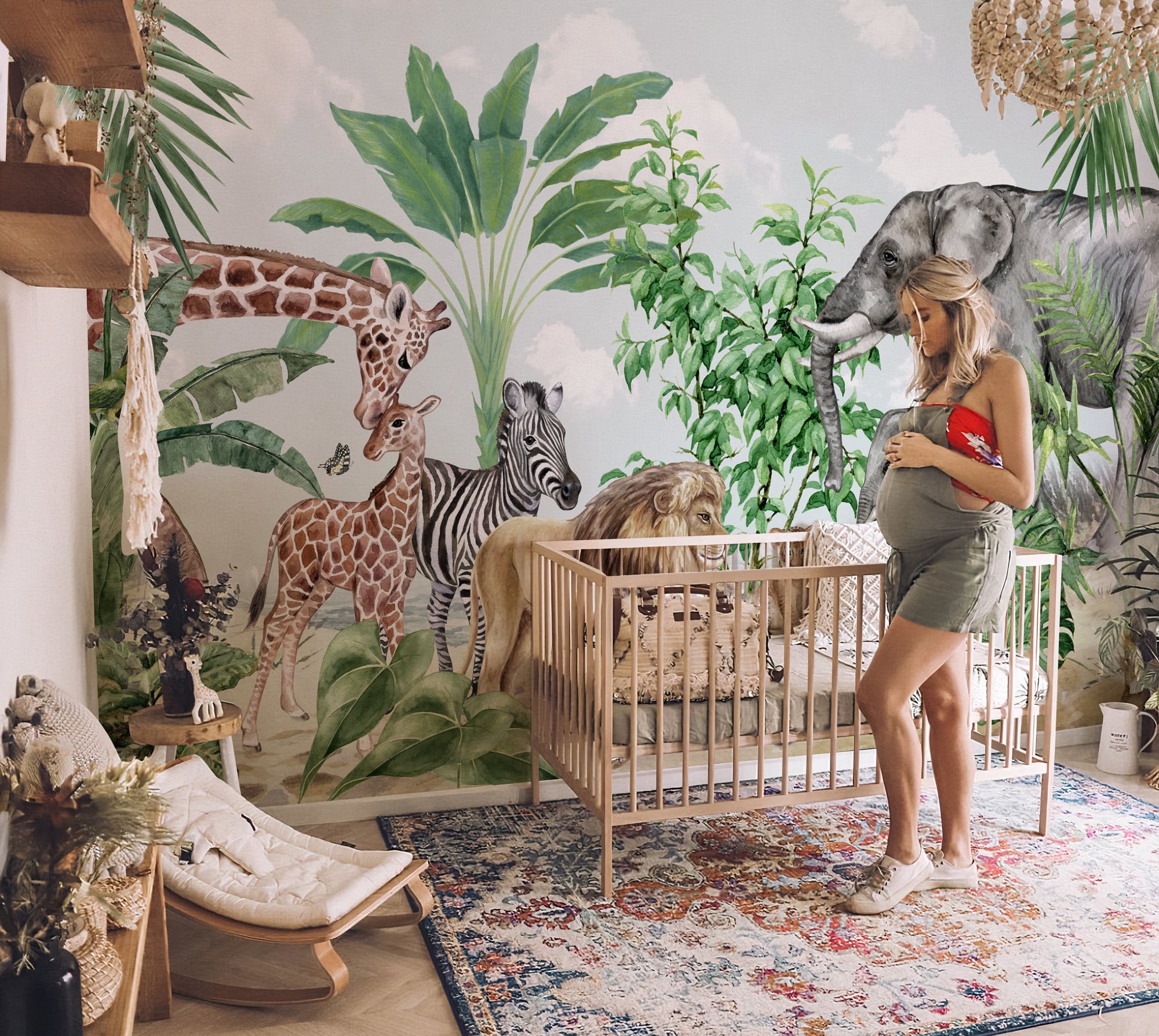 Safari animal wallpaper mural in nursery room