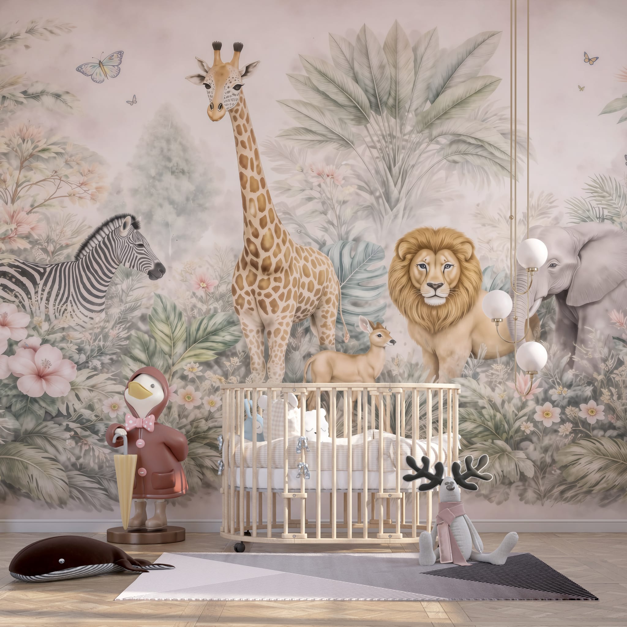 Pastel safari animal wallpaper with giraffe, zebra, lion, elephant, antelope, tropical leaves, and blush flowers