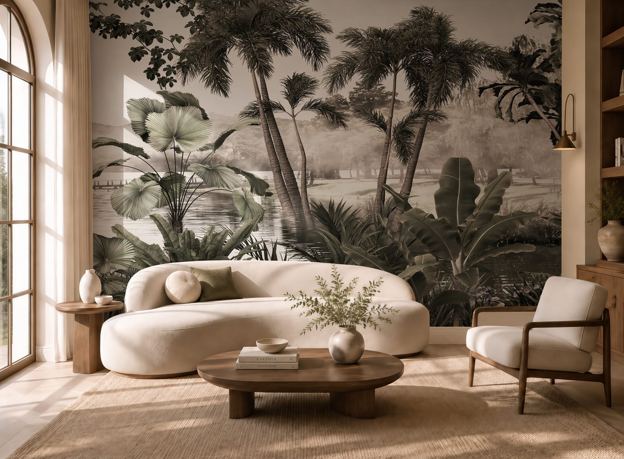 Neutral tropical landscape wallpaper with palm trees, oversized leaves, calm water, and layered botanical scenery