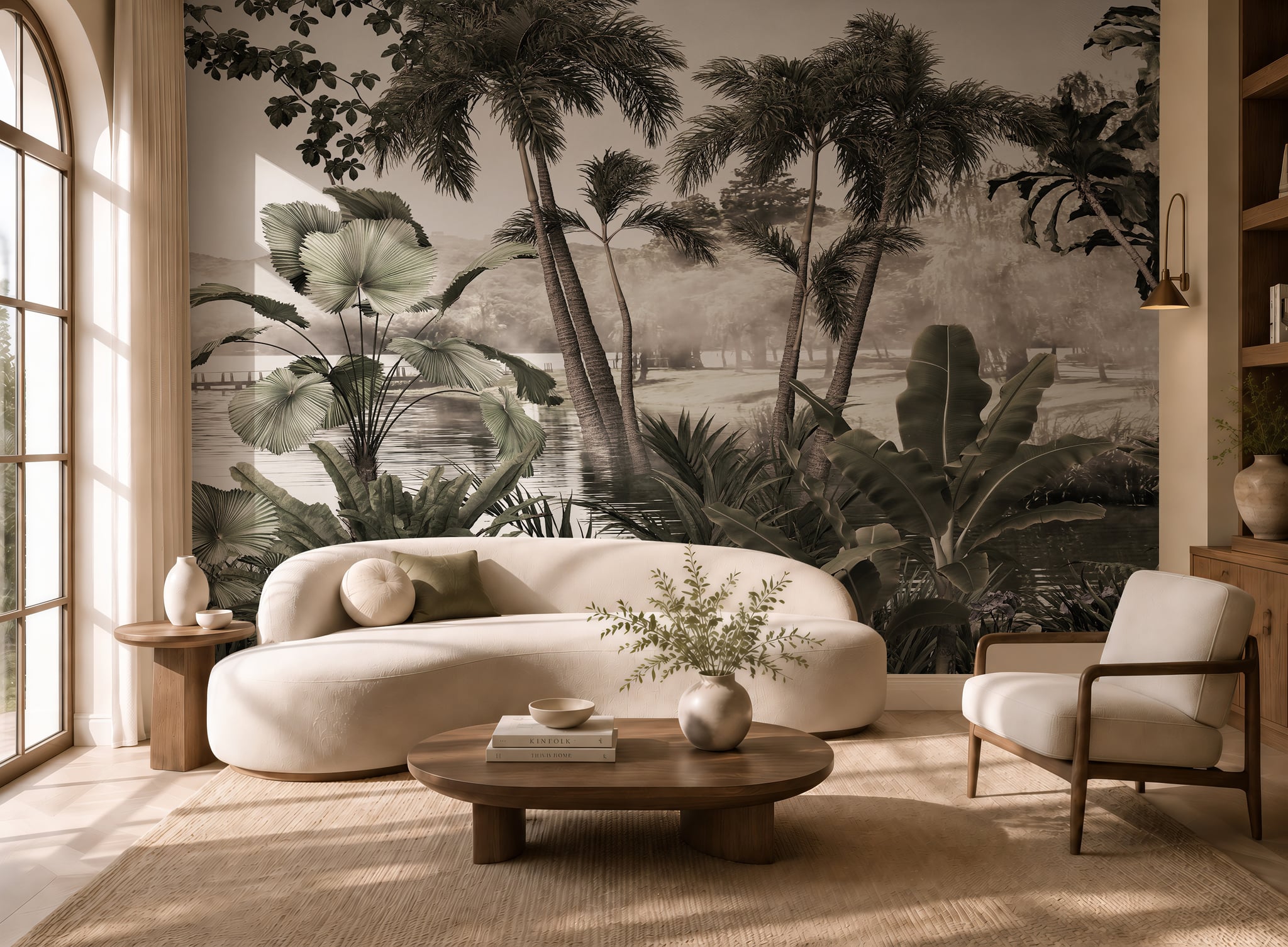 Neutral tropical landscape wallpaper with palm trees, oversized leaves, calm water, and layered botanical scenery