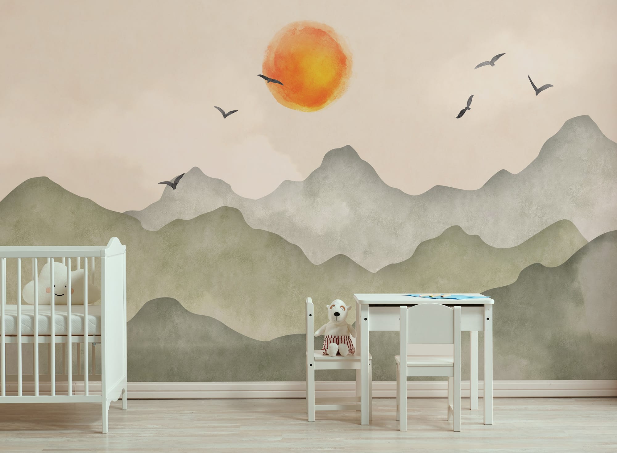 Watercolor mountain mural with warm sunset tones