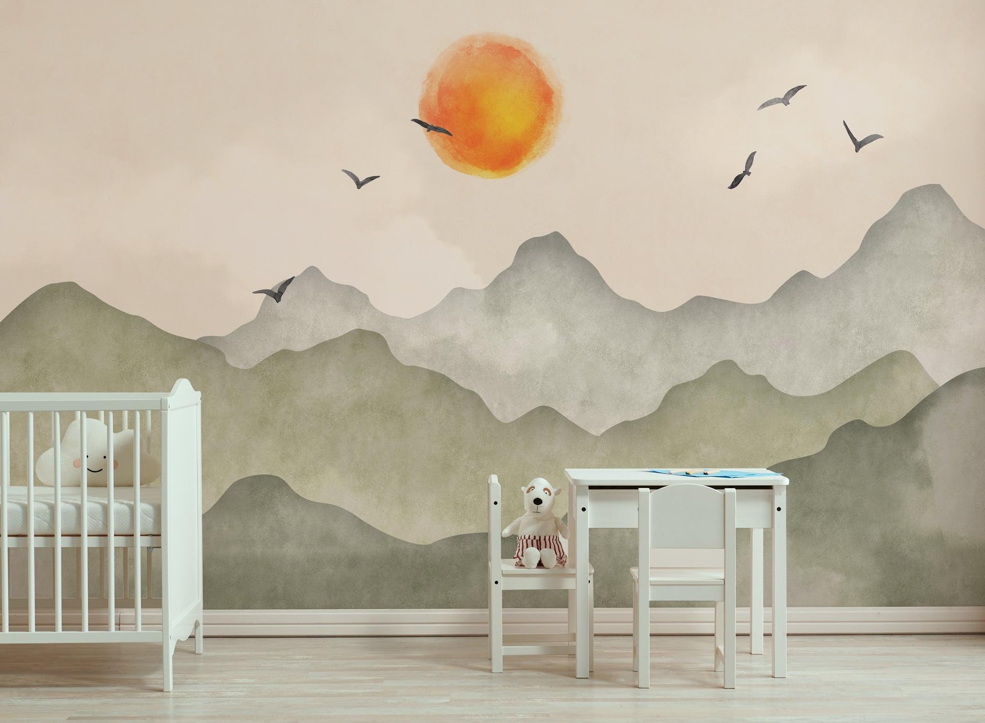 Watercolor mountain mural with warm sunset tones