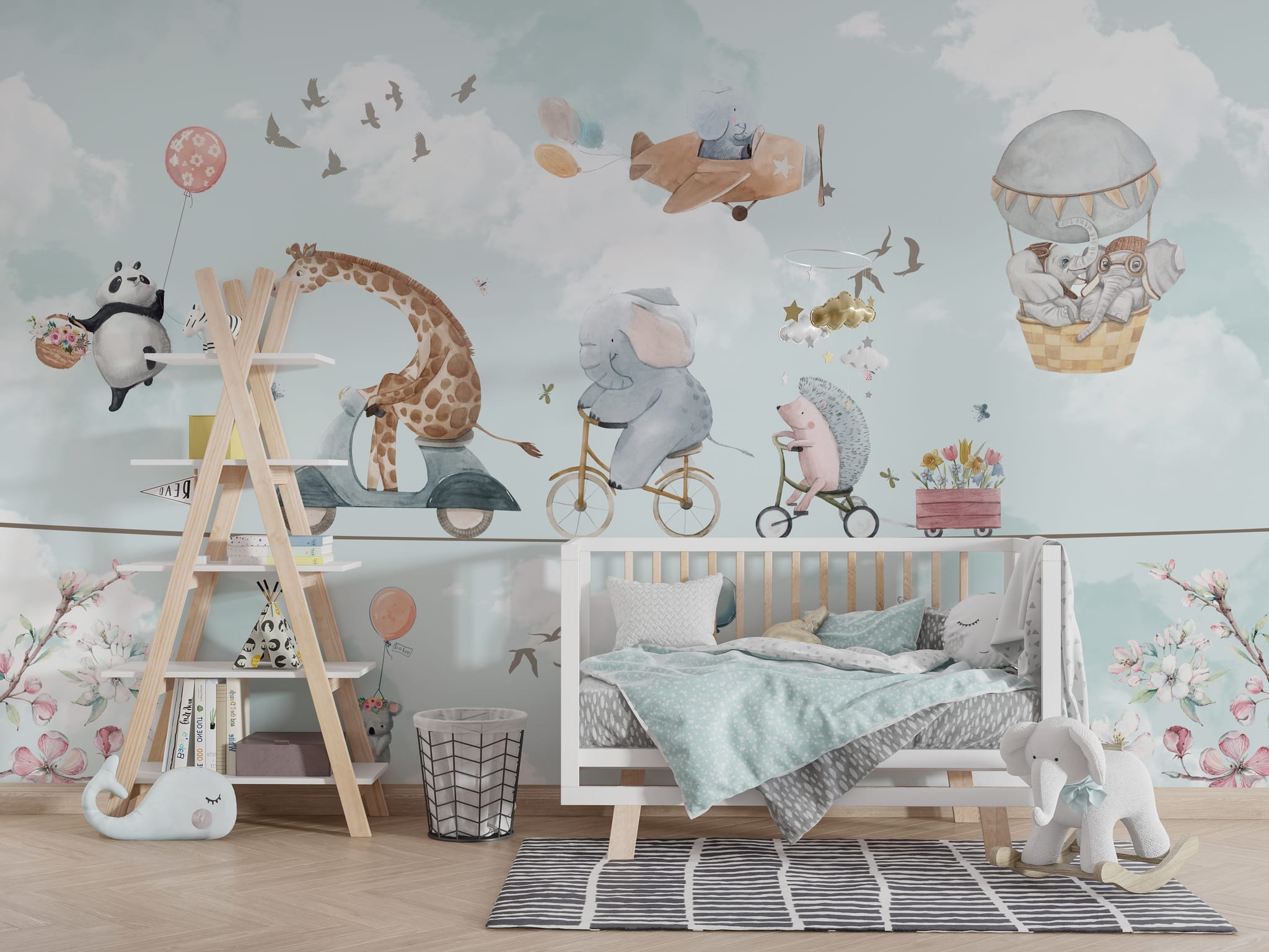 Soft blue kids wallpaper featuring an elephant in an airplane, hot air balloon, watercolor clouds, and flying birds