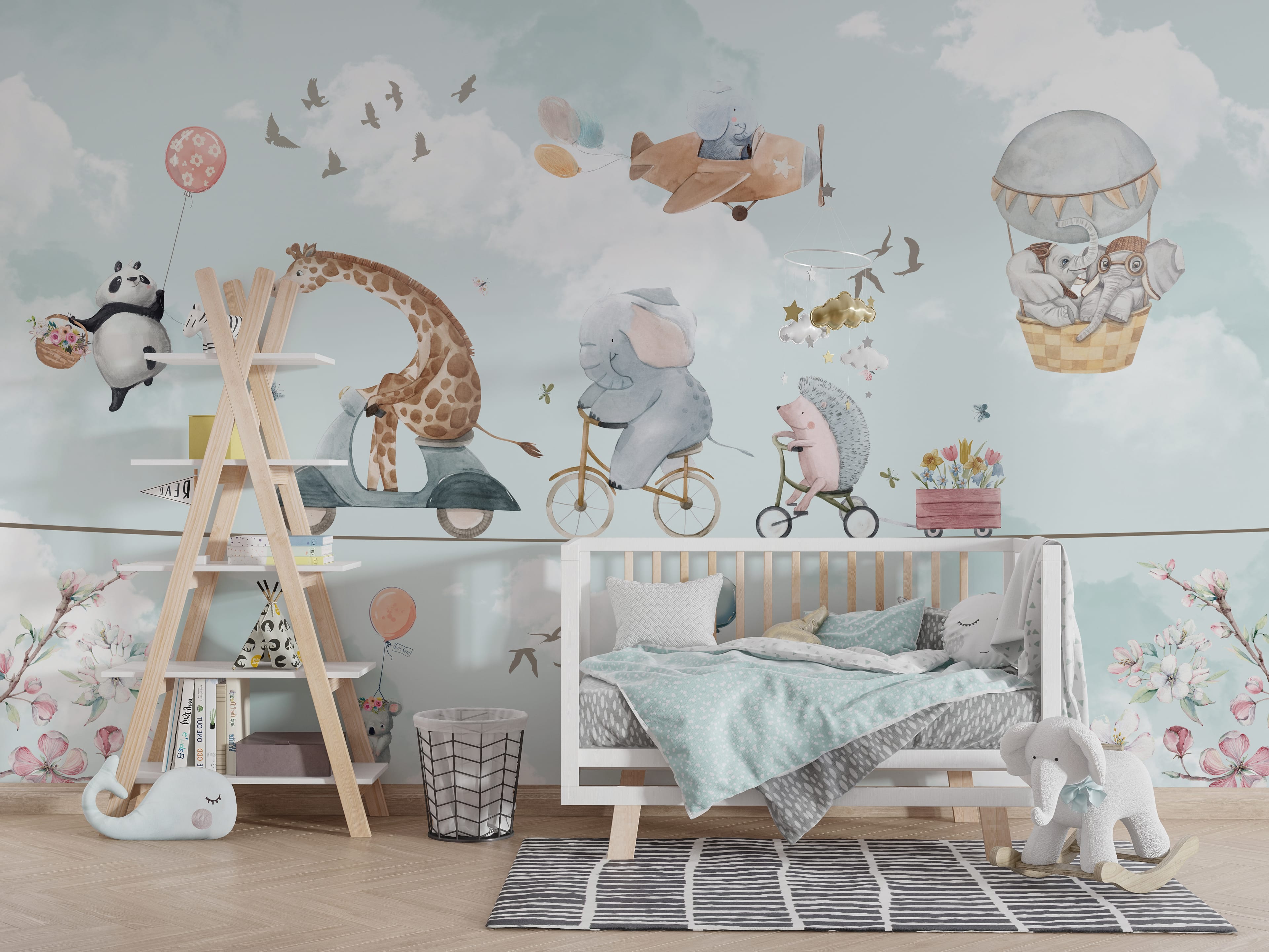 Soft blue kids wallpaper featuring an elephant in an airplane, hot air balloon, watercolor clouds, and flying birds