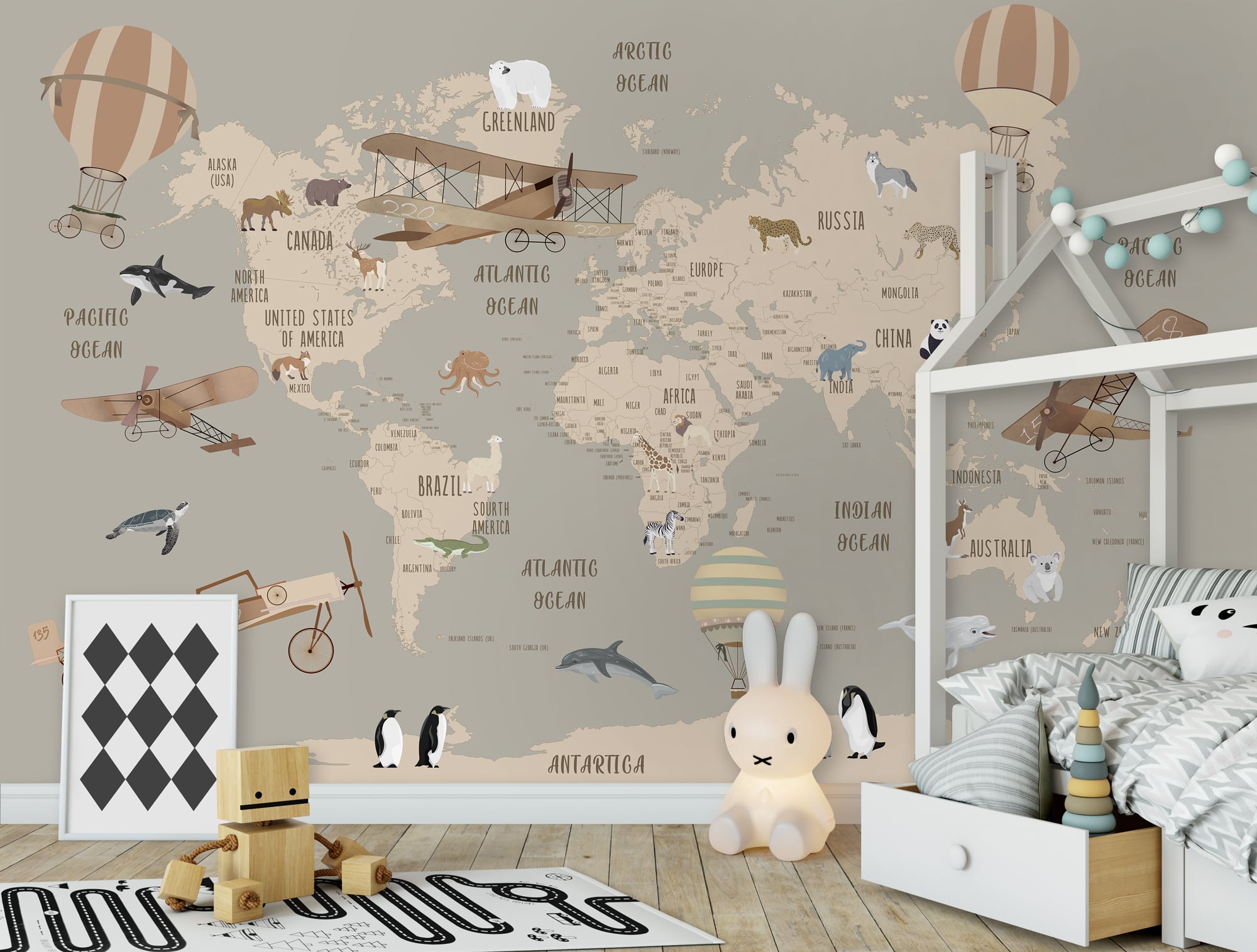Educational world map mural for kids room