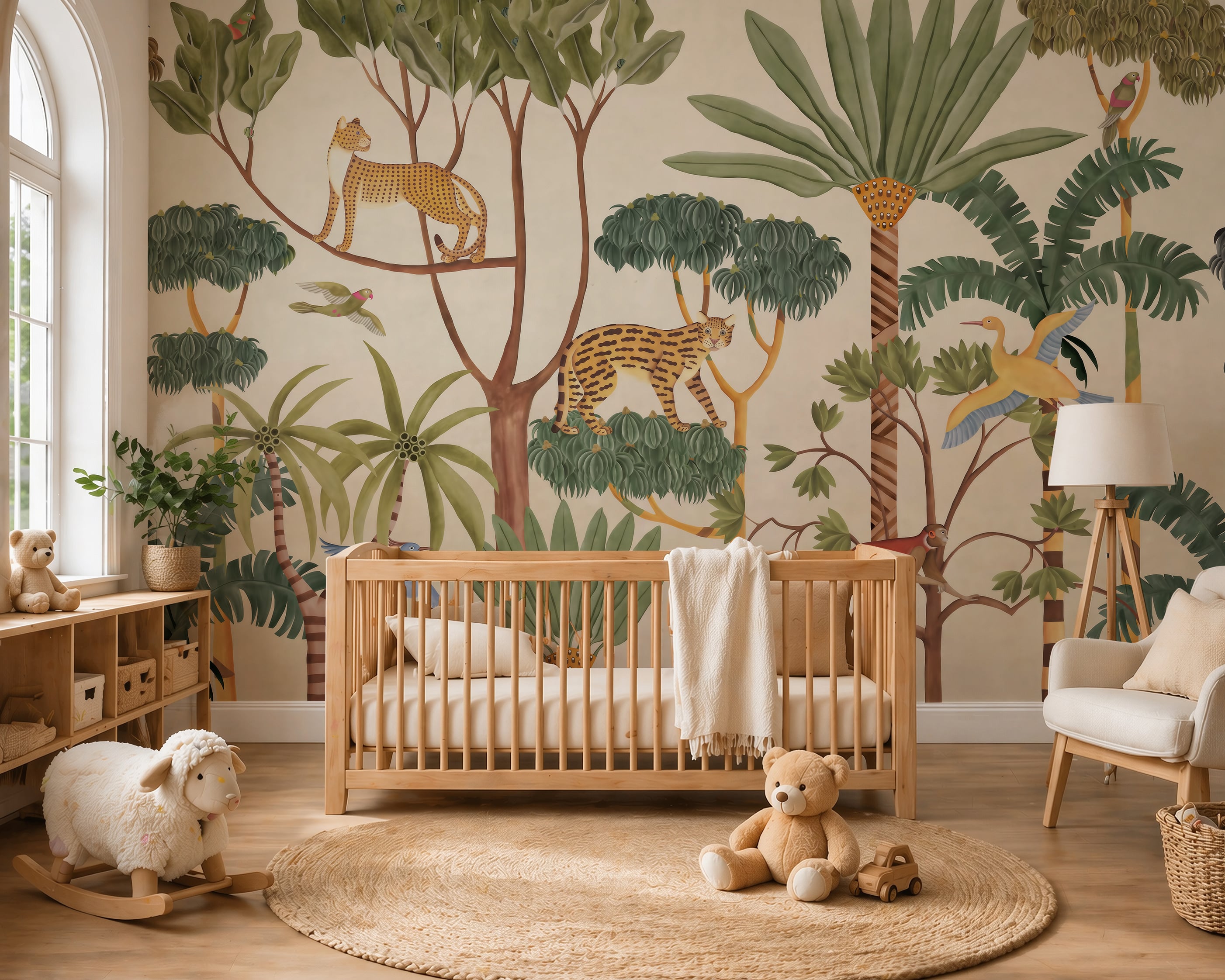 Jungle animal mural with leopards and birds