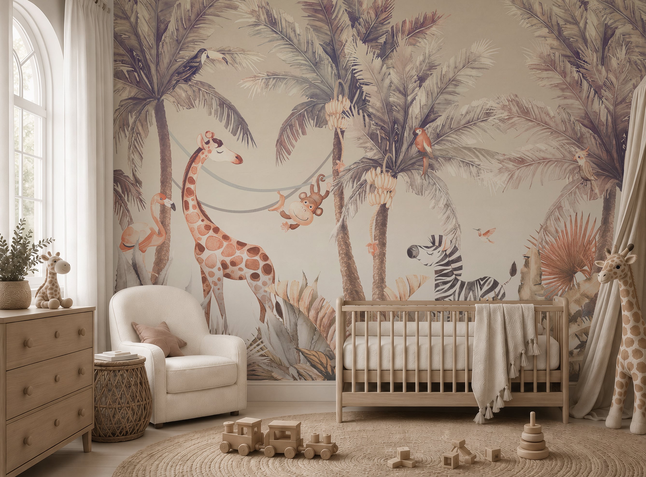 Safari jungle wallpaper with giraffe zebra and tropical animals