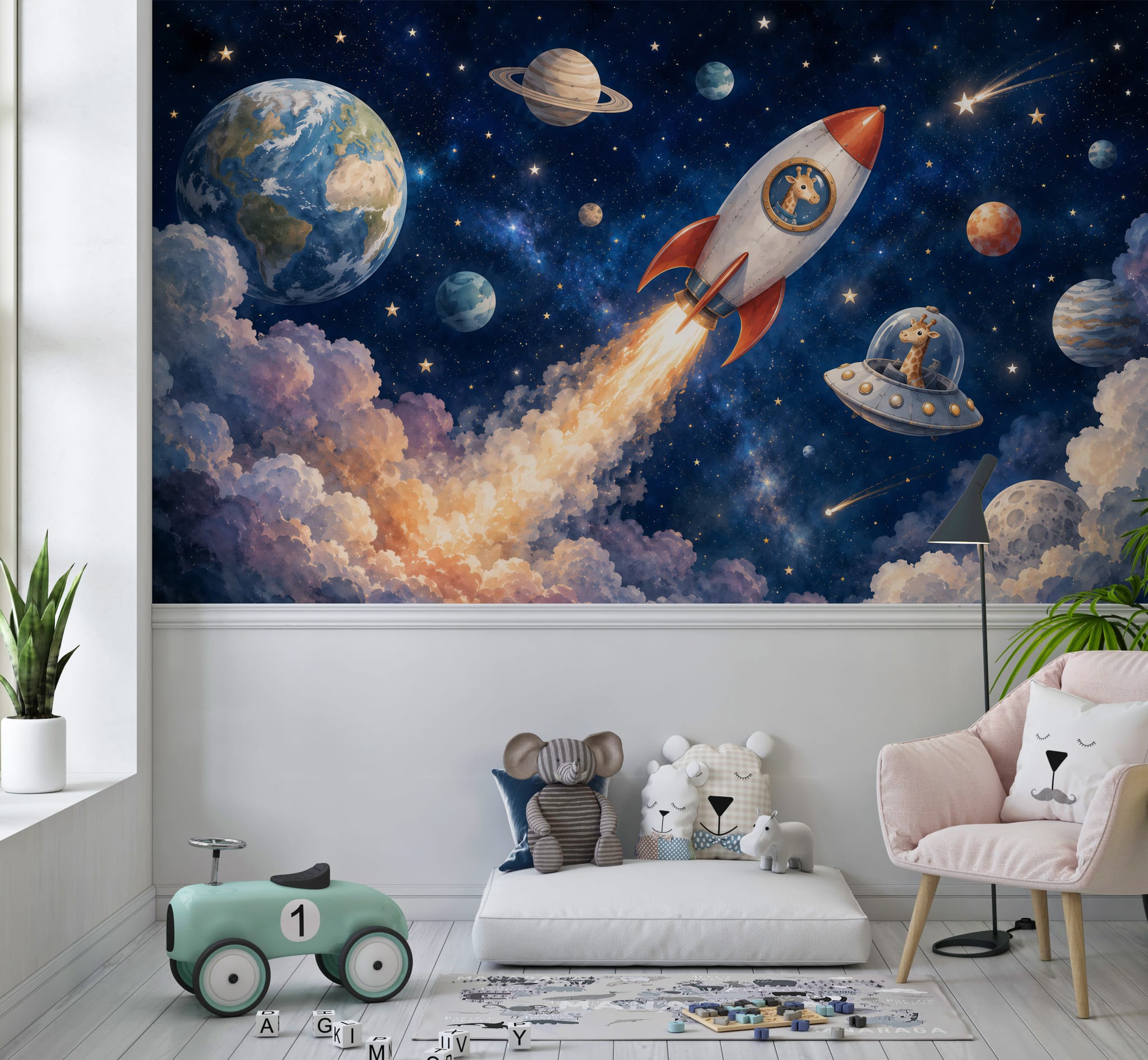 Space wall mural displayed in a kids bedroom with launching rocket, planets, stars, and playful giraffe characters