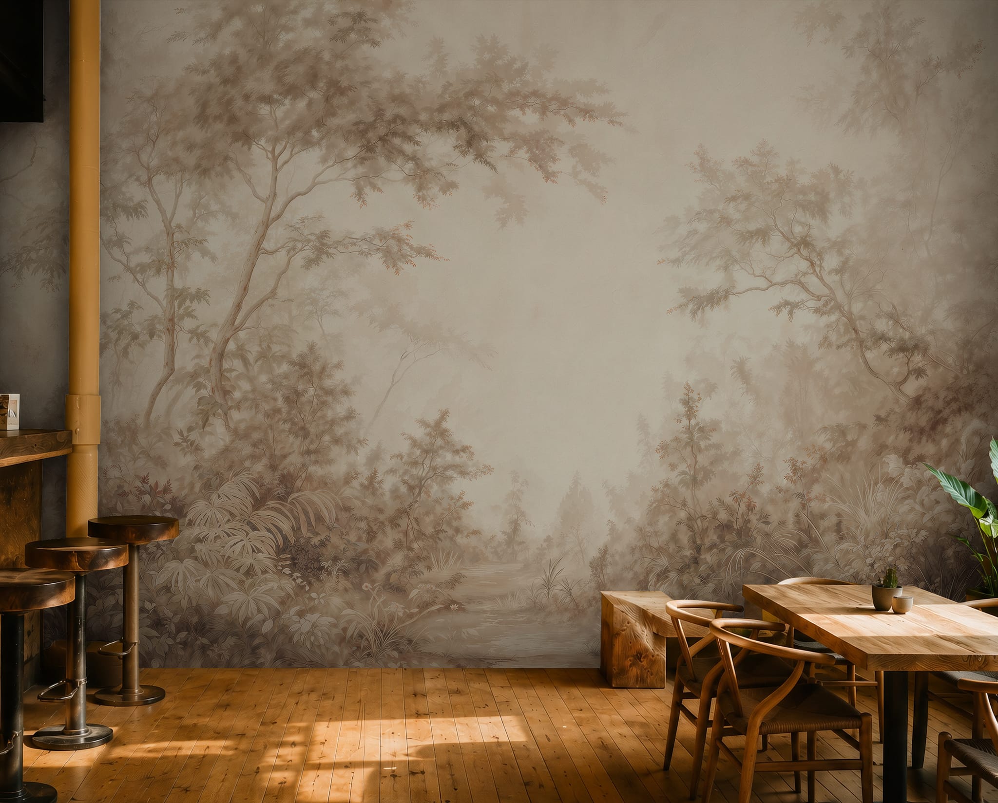 Misty forest wallpaper with elegant tree silhouettes, faded foliage, and a calm tonal landscape effect