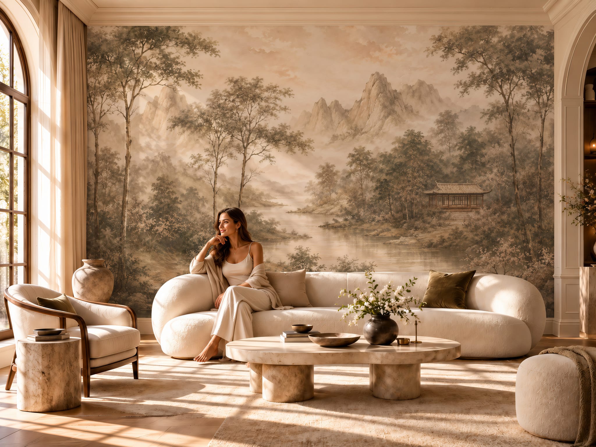 Asian landscape wallpaper mural with misty mountains, lake and traditional pavilion in warm neutral tones