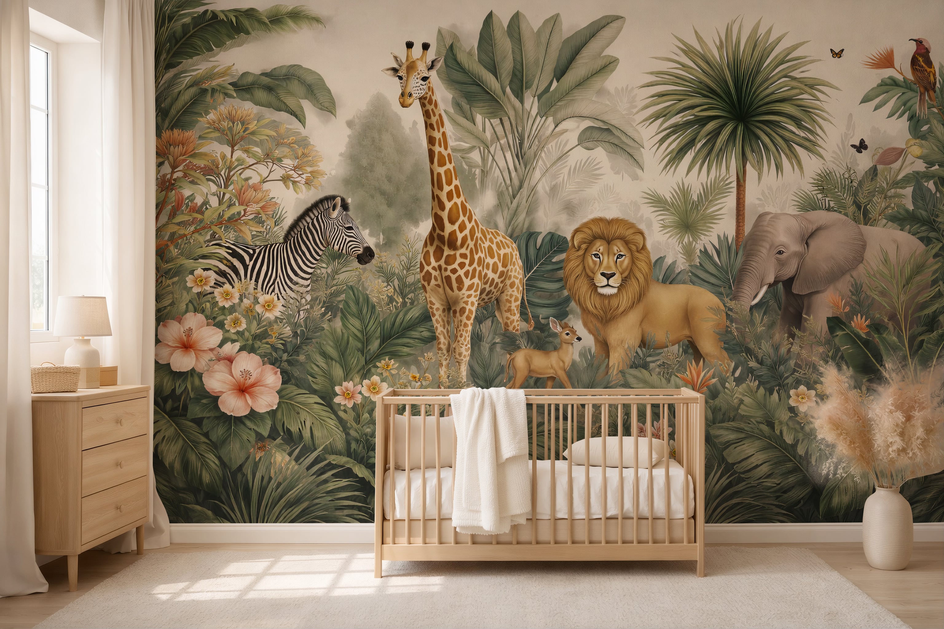 Luxury safari nursery mural with jungle animals and oversized flowers