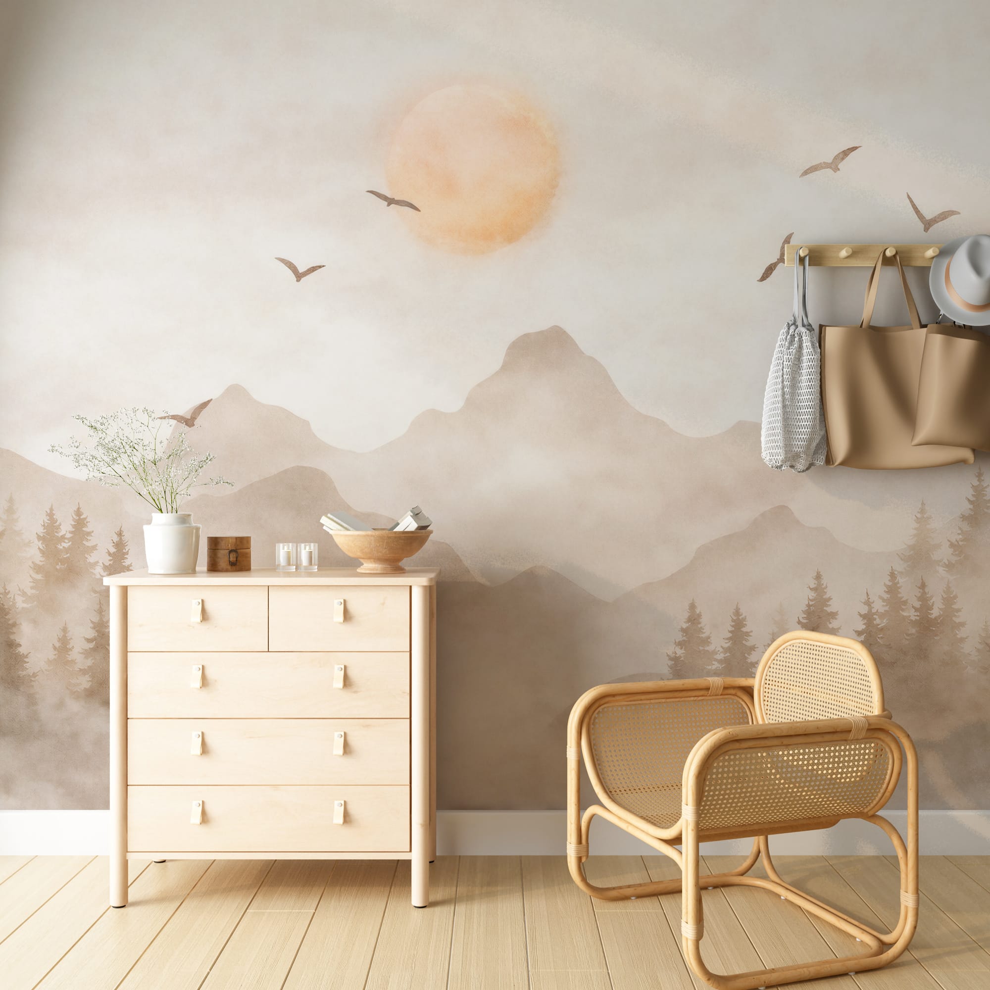 Neutral mountain landscape wallpaper in nursery roo