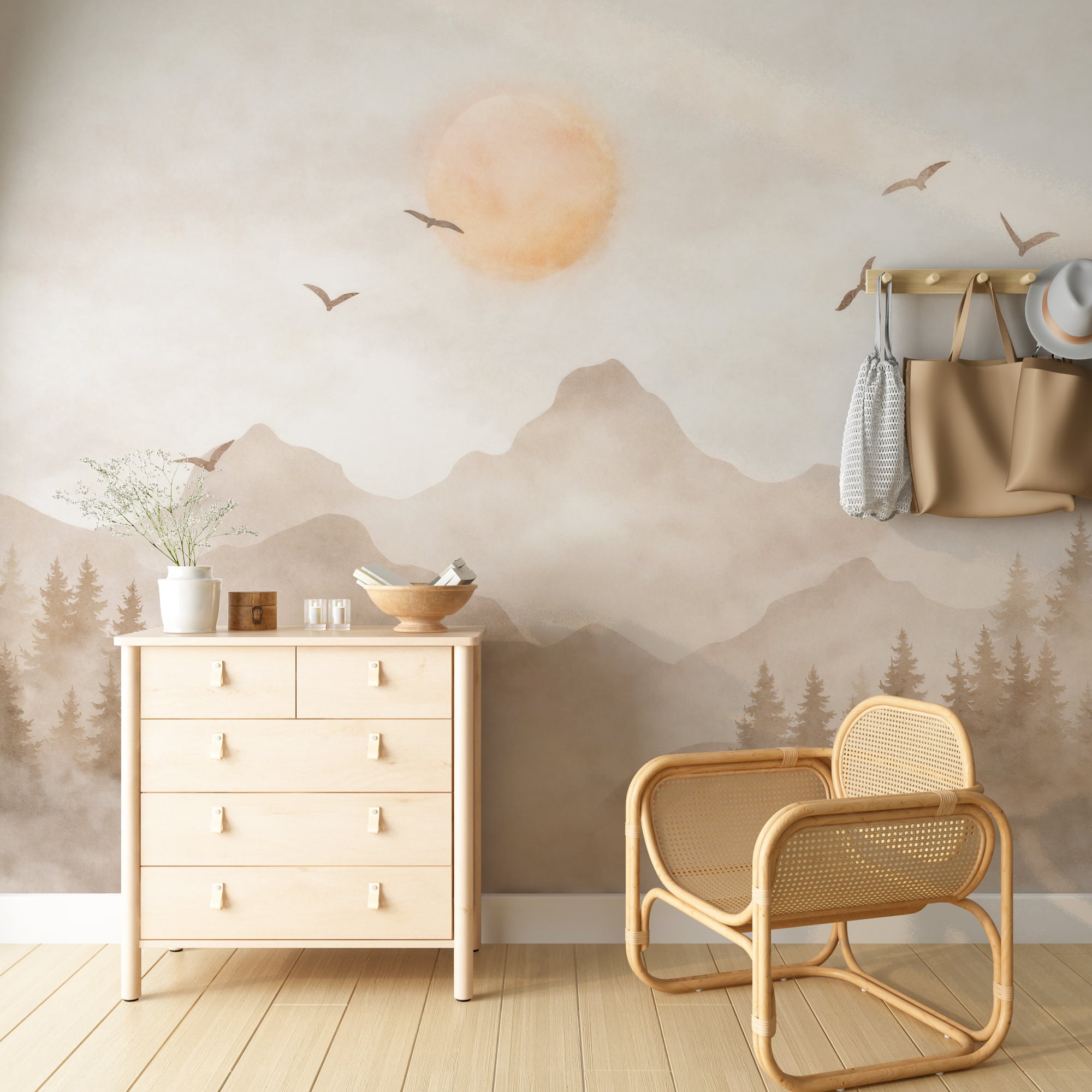 Neutral mountain landscape wallpaper in nursery roo