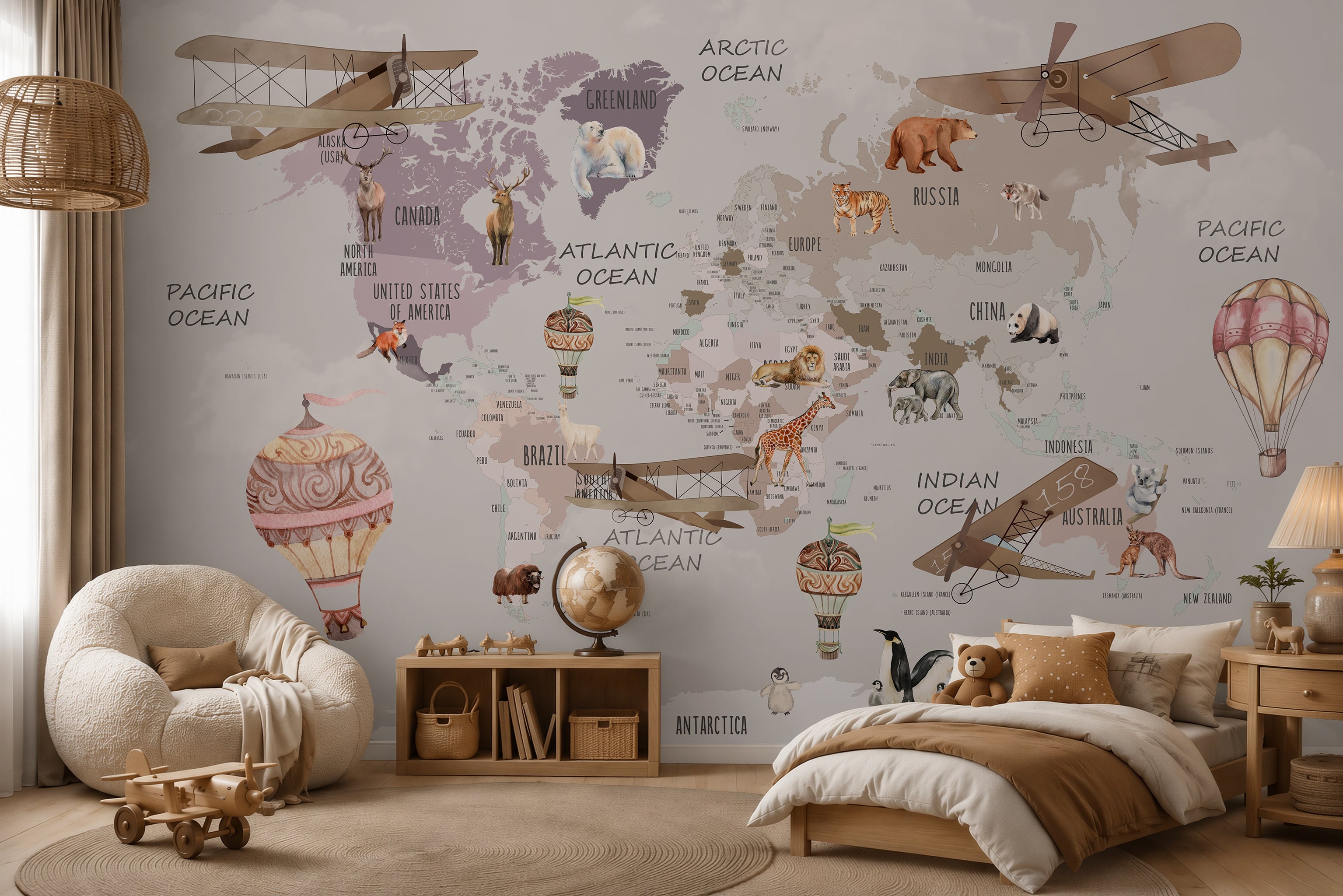 Vintage animal world map wallpaper with airplanes and hot air balloons