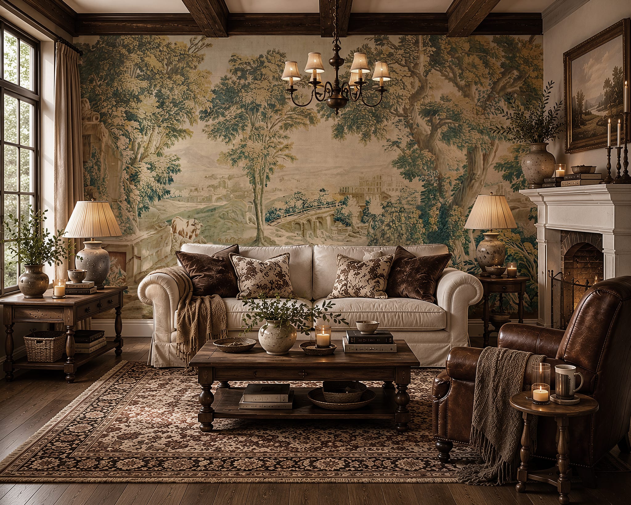 Pastoral countryside wallpaper mural with sheep, cattle, trees and vintage landscape scenery