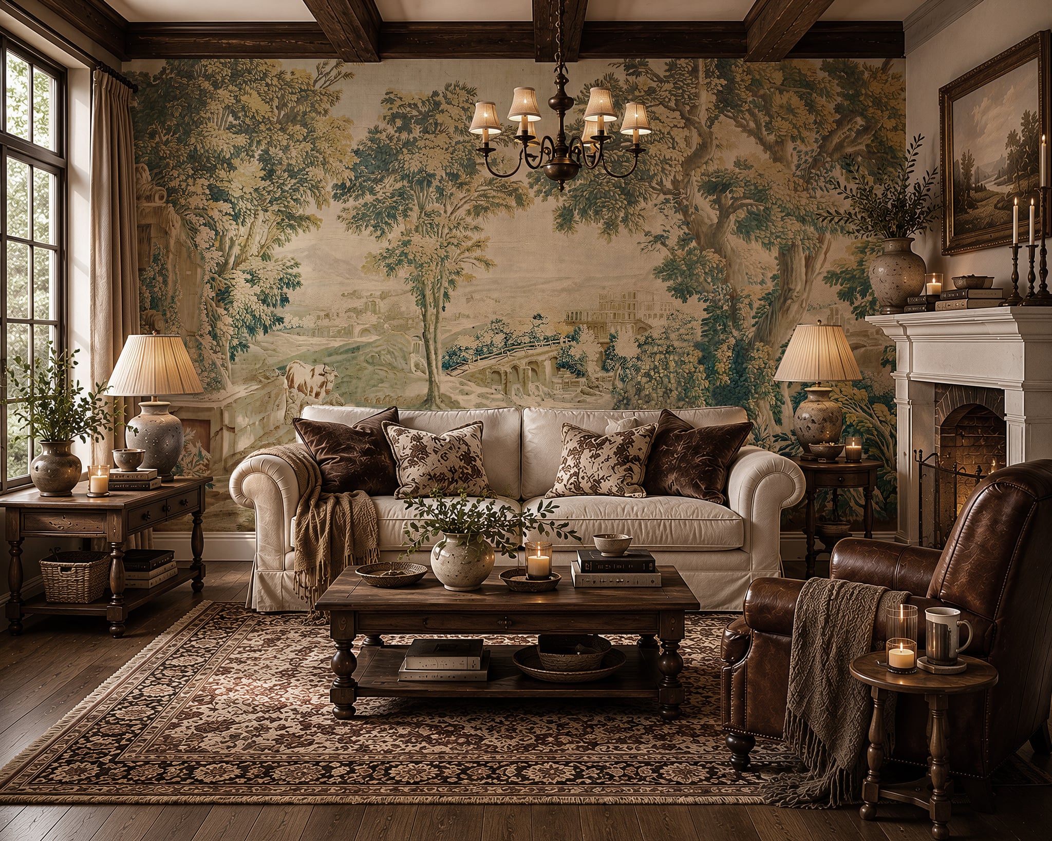 Pastoral countryside wallpaper mural with sheep, cattle, trees and vintage landscape scenery
