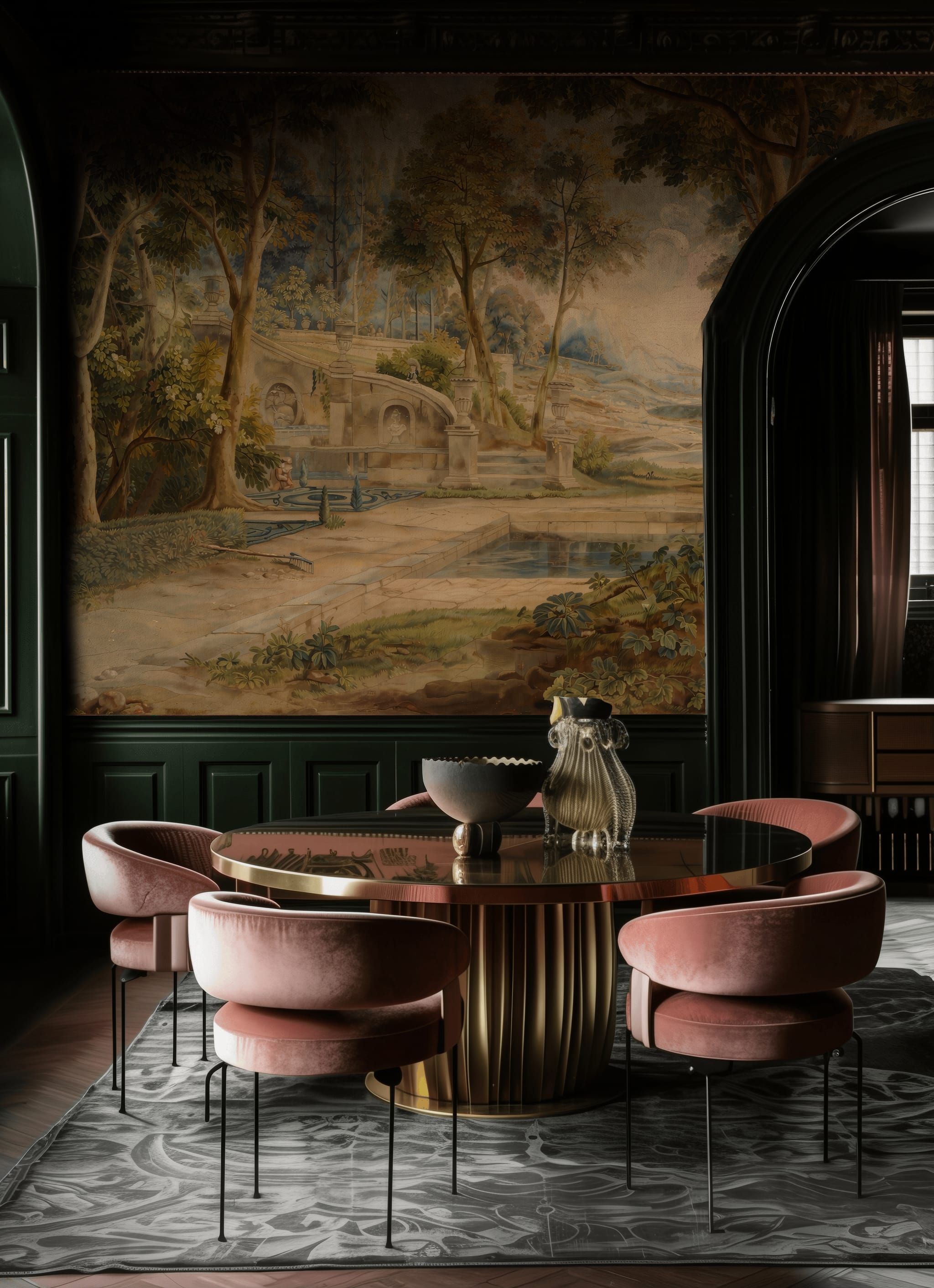 Romantic countryside mural with a grand garden setting, classical bridge elements, and softly aged painted textures