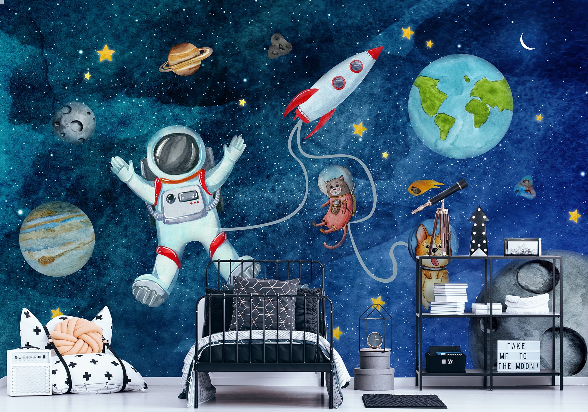 Space adventure wallpaper with astronaut and rocket