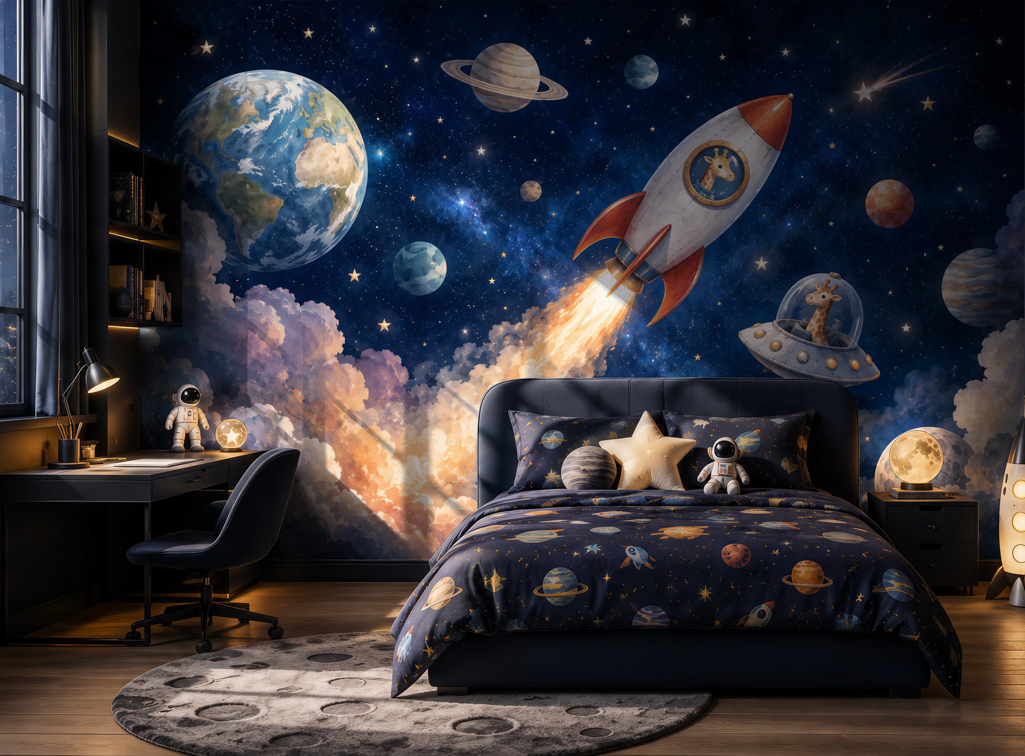 Kids space wallpaper with rocket, Earth, Saturn, planets, stars, and a giraffe astronaut in a deep blue galaxy