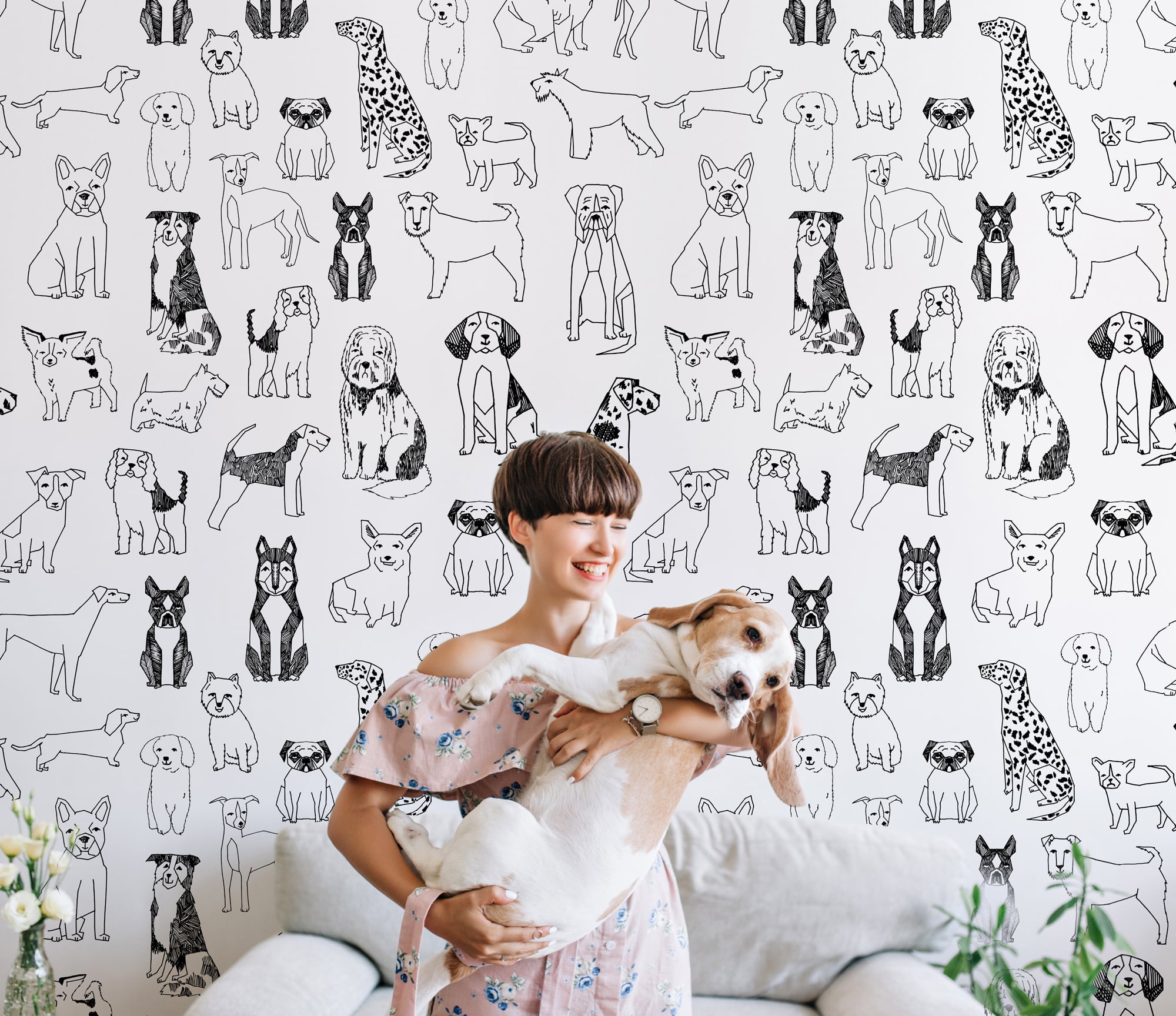 Black and white dog pattern wallpaper in modern room