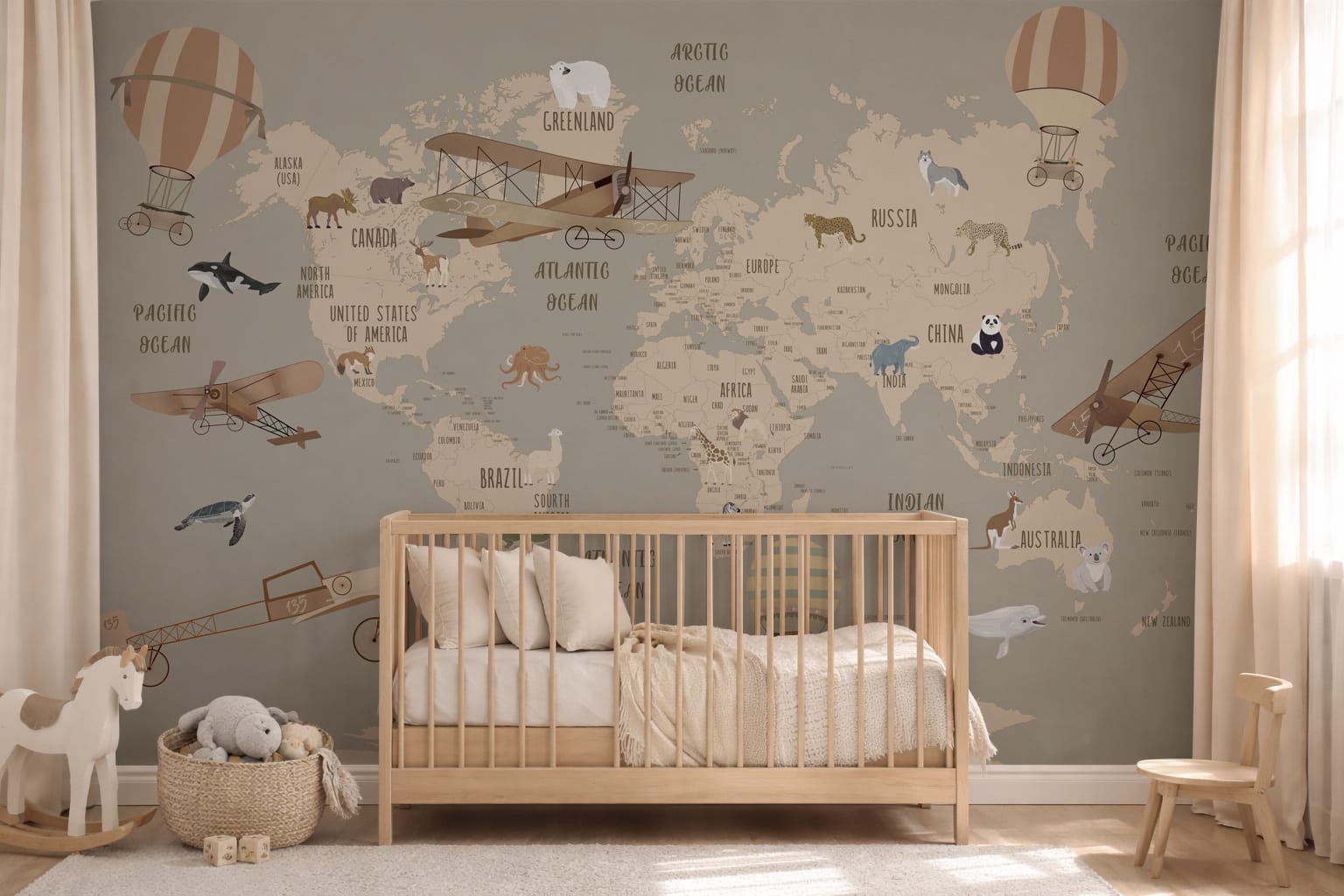 Vintage world map wallpaper in nursery room