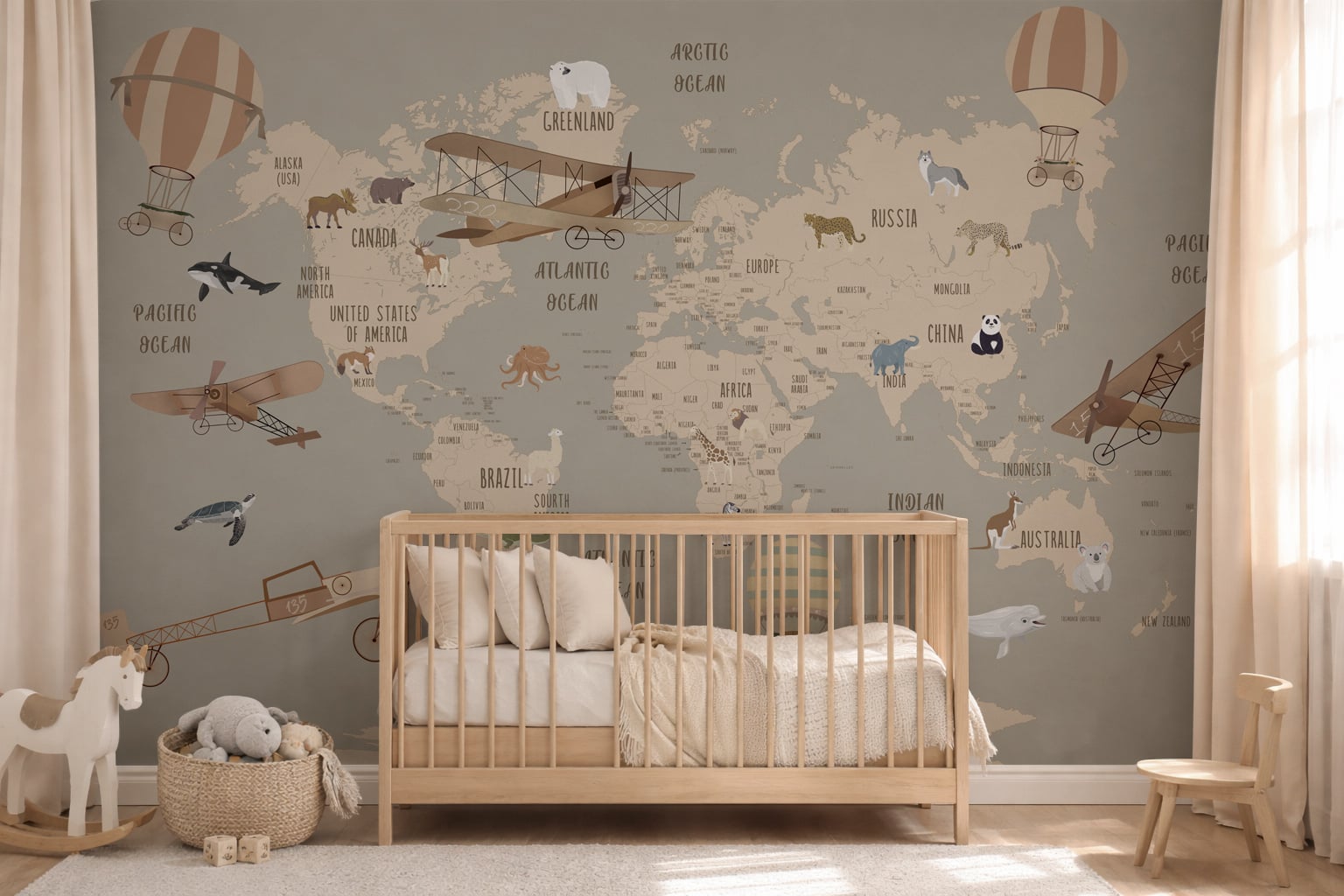 Vintage world map wallpaper in nursery room