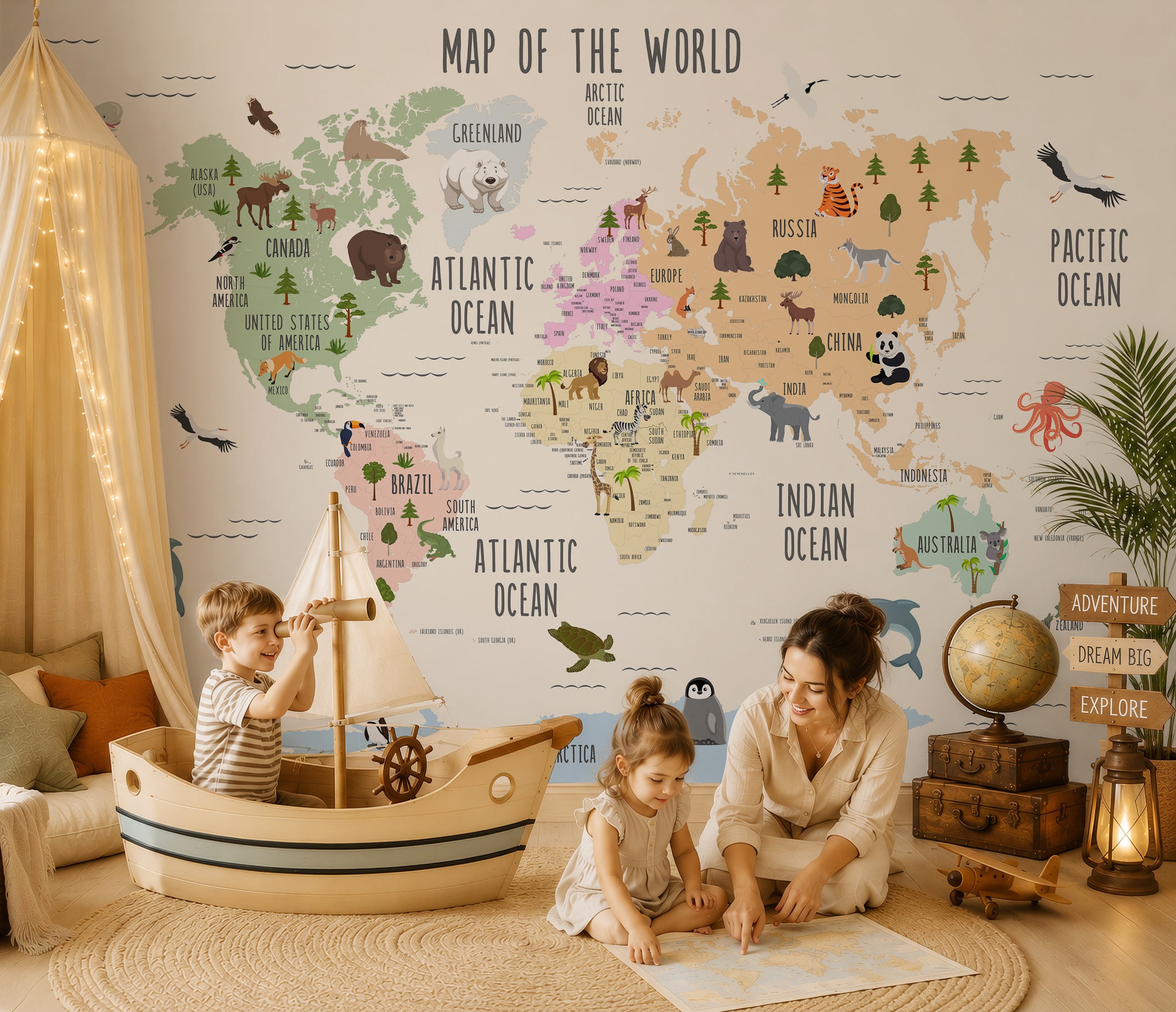 Animal world map wallpaper for kids room and nursery