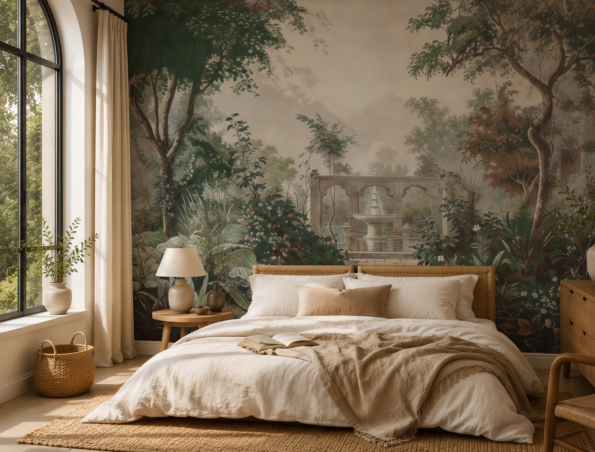 Botanical garden wallpaper with deep green foliage and classical courtyard details