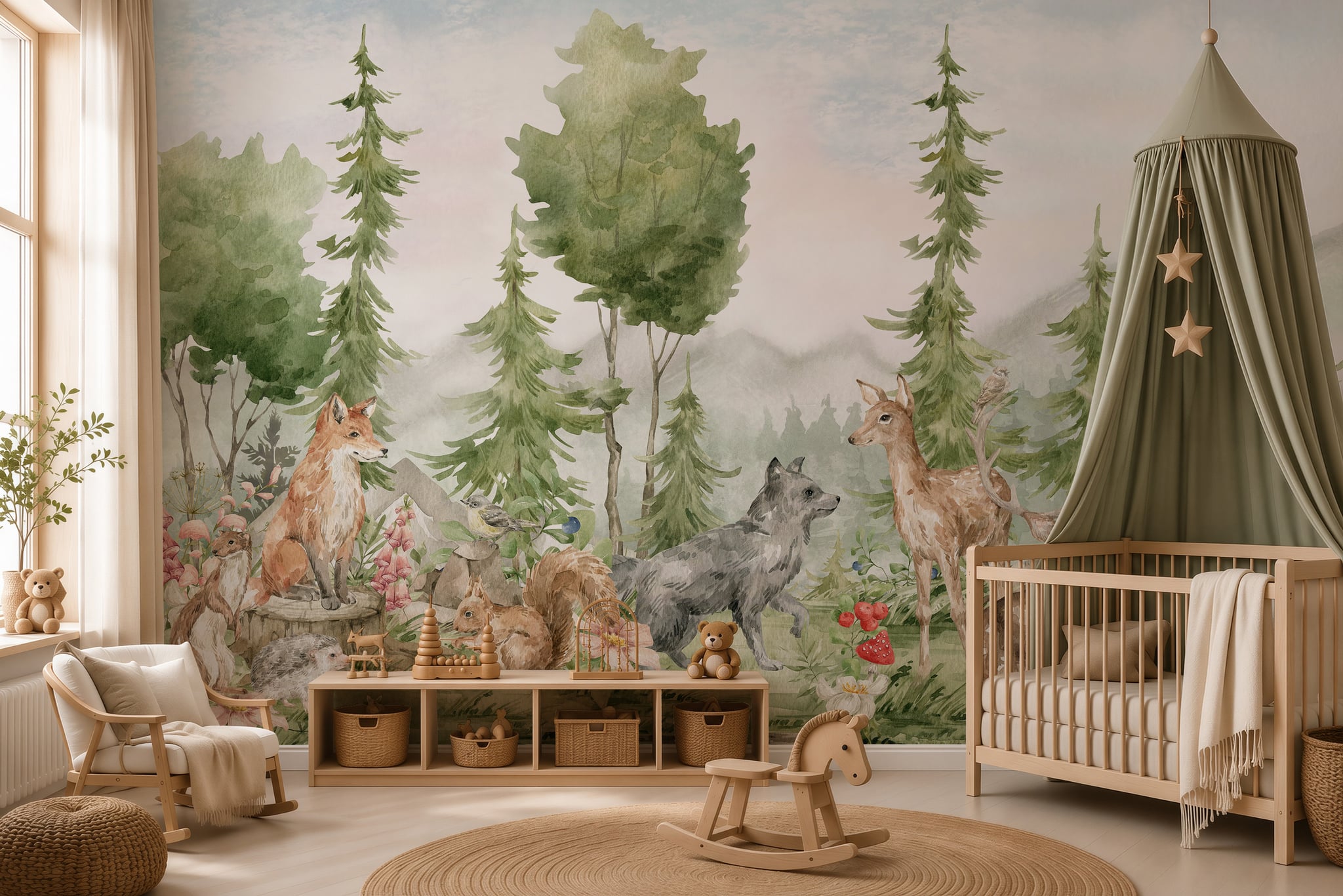 Storybook forest wallpaper with fox deer and woodland animals