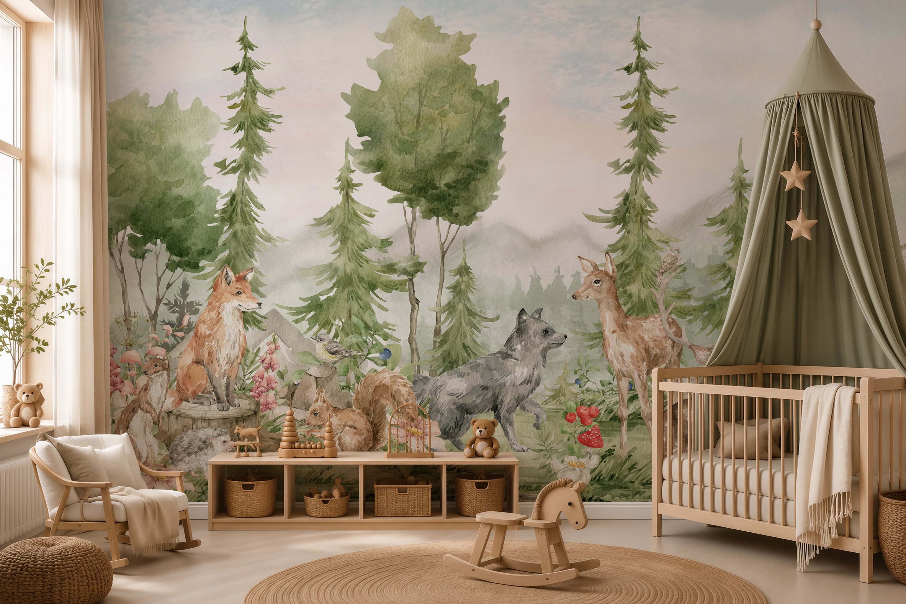 Storybook forest wallpaper with fox deer and woodland animals