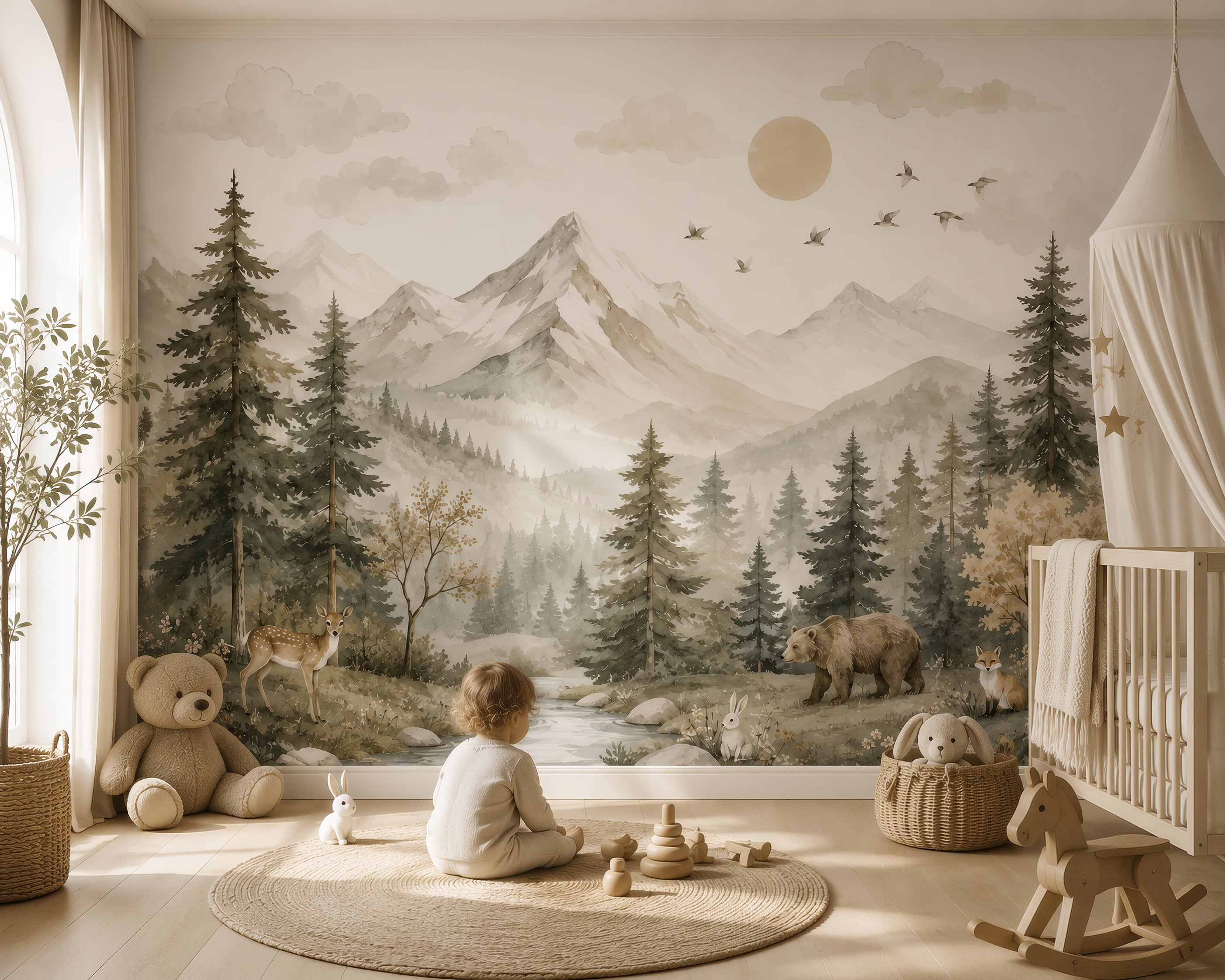 Woodland nursery wallpaper with mountains and animals
