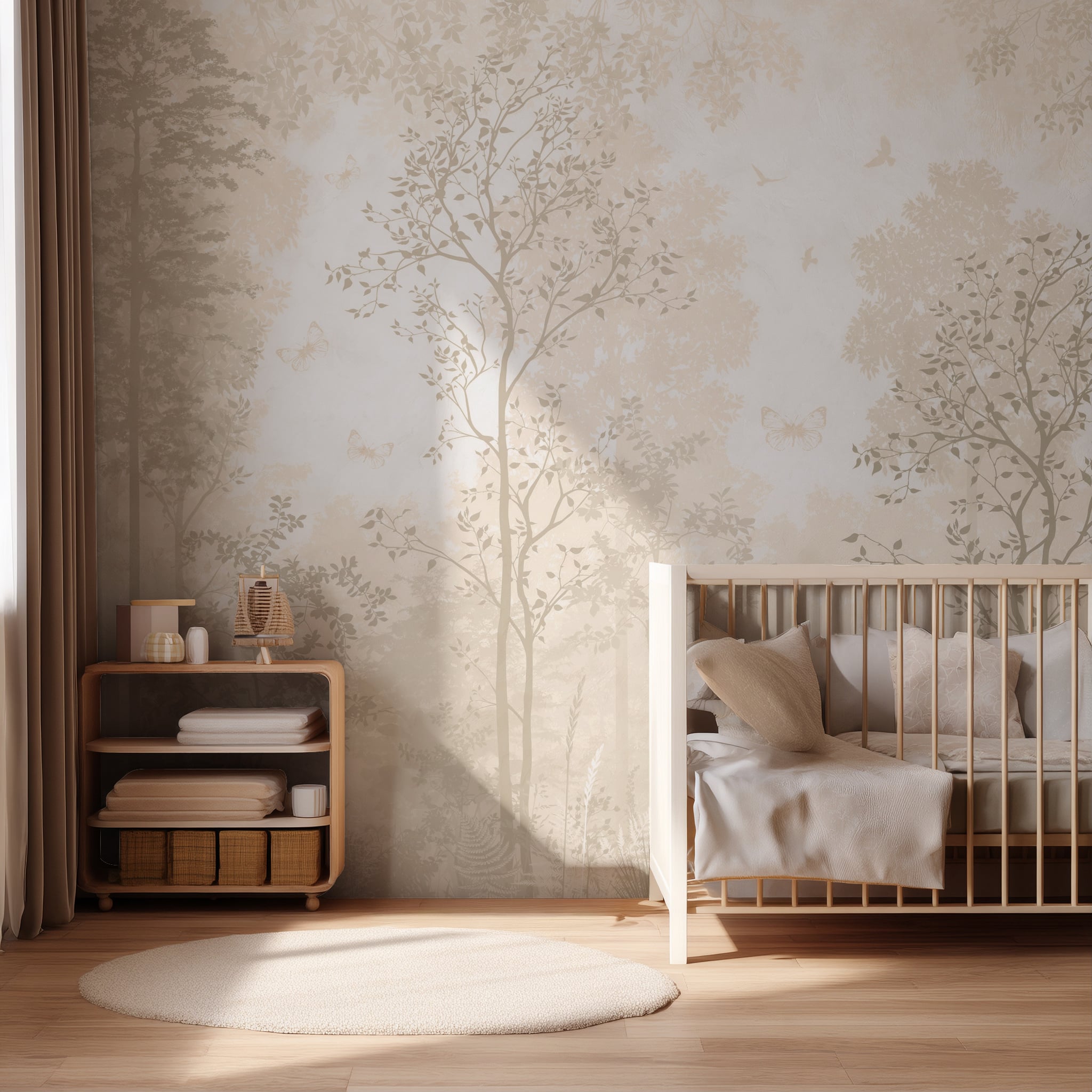 Neutral forest wallpaper in modern nursery room