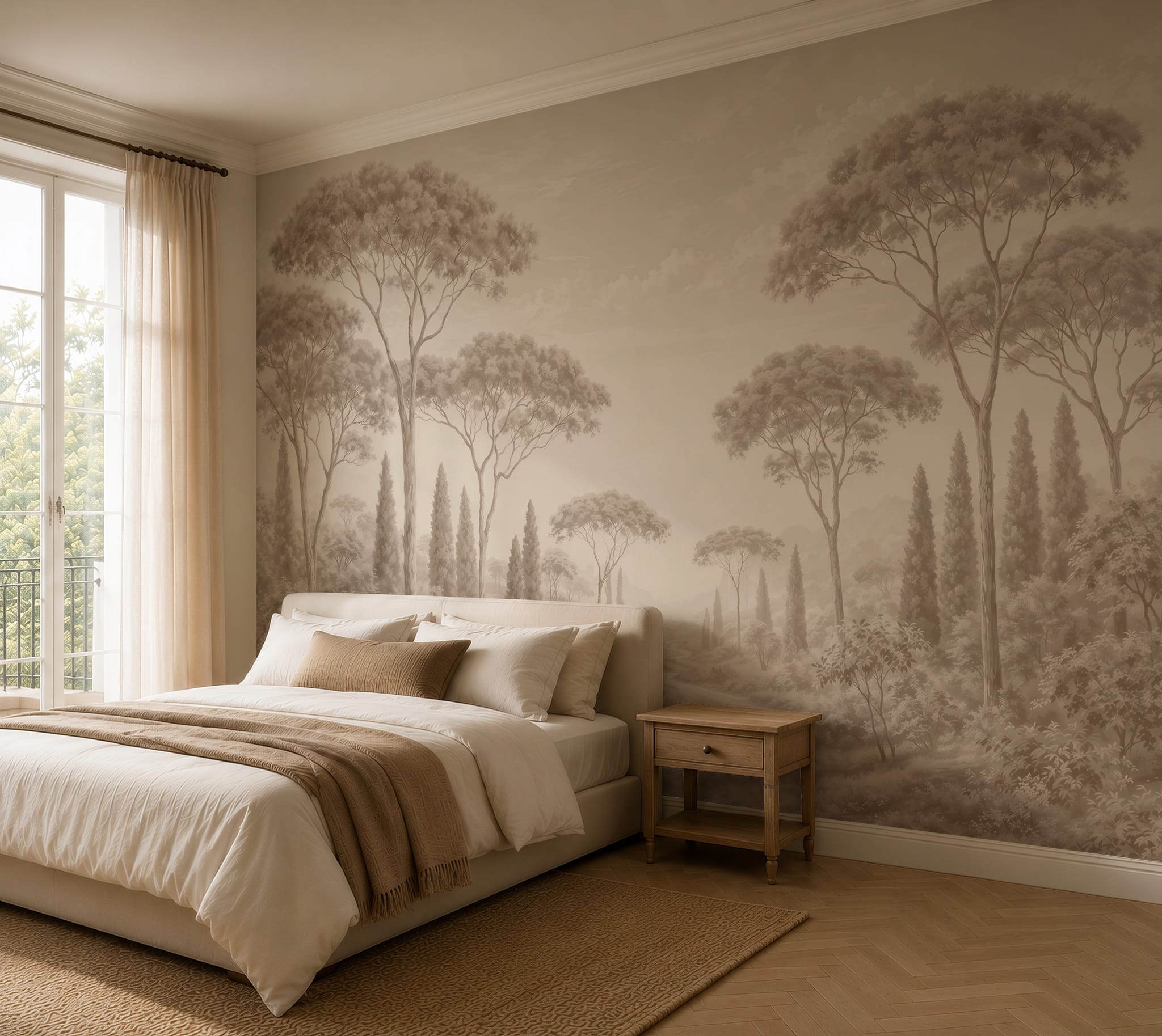 Scenic tree wall mural displayed in a warm modern living room with natural wood, rattan furniture, and neutral textiles