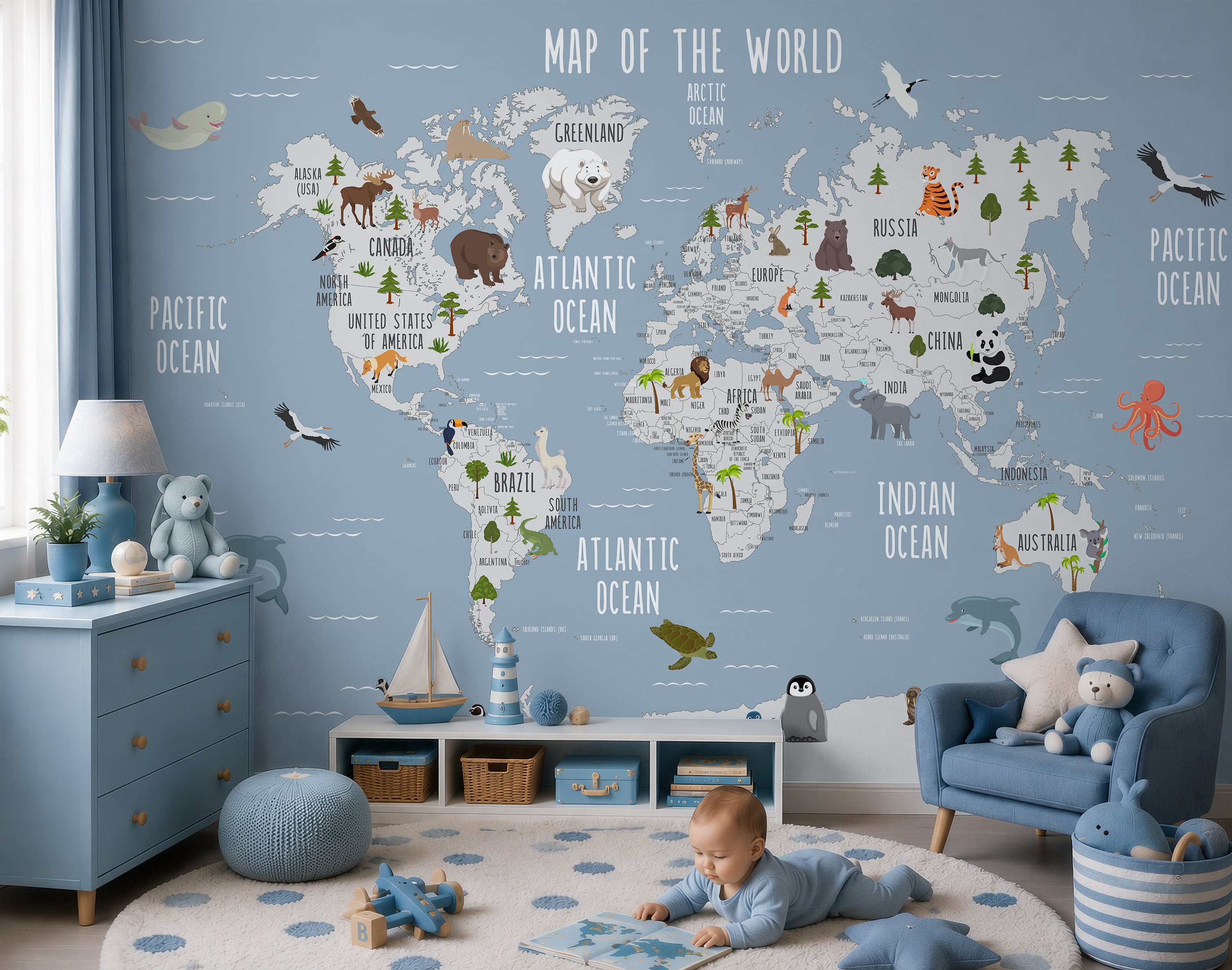 Blue animal world map wallpaper in kids bedroom