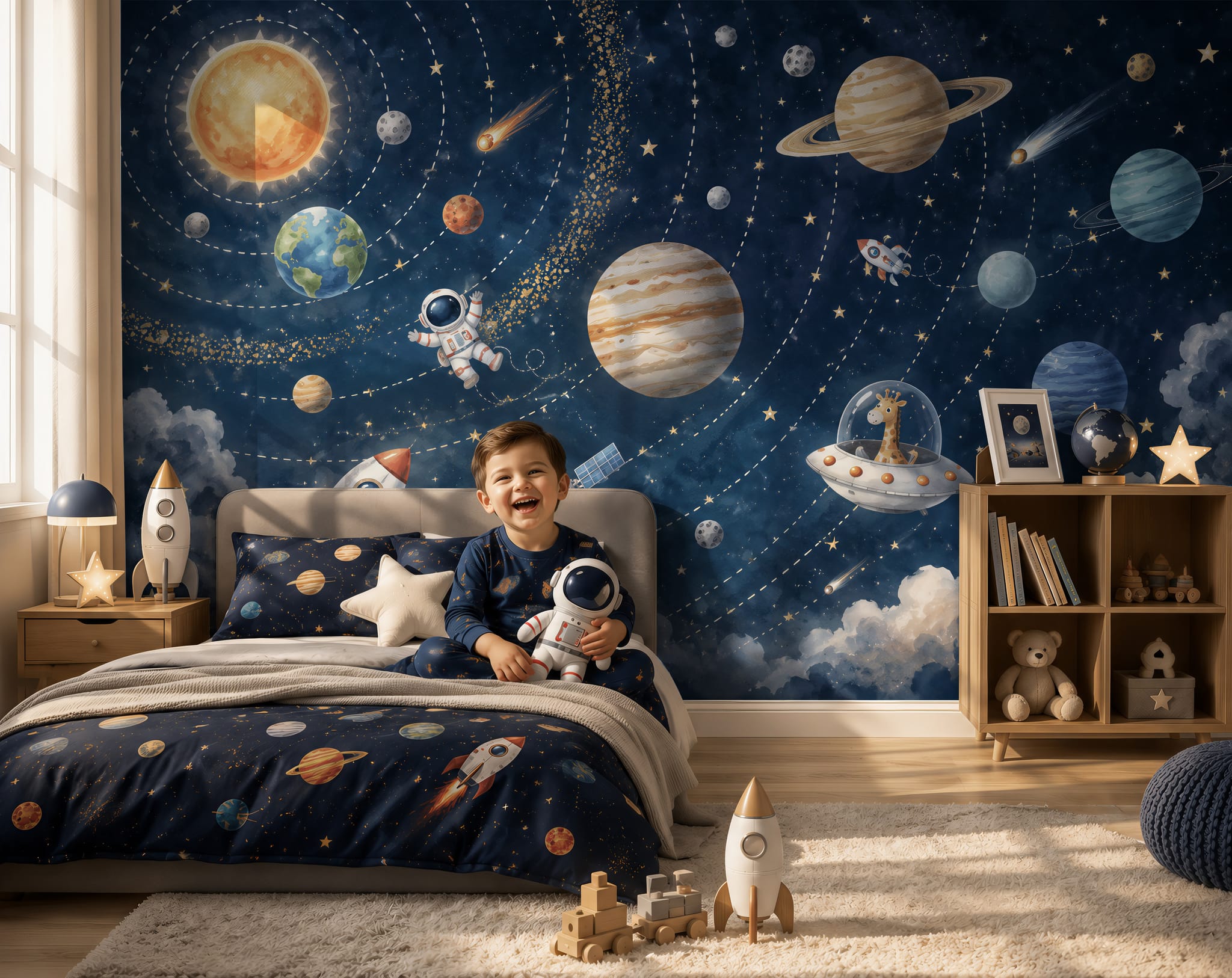 Solar system kids wallpaper with planets, orbit lines, astronaut, rocket, Earth, Saturn, and deep blue galaxy