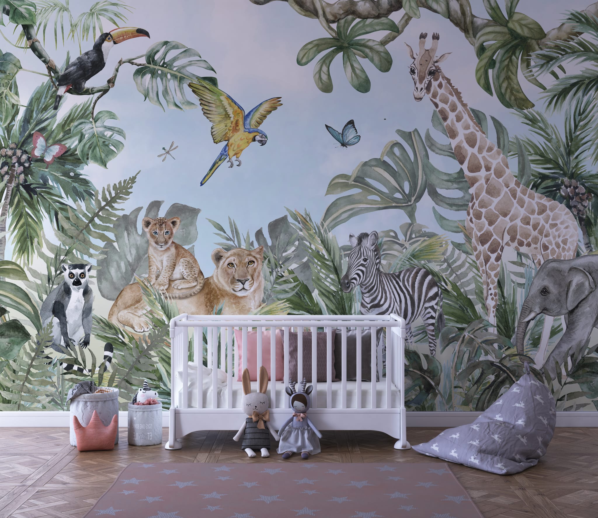 Jungle animal wall mural for baby room featuring toucan, parrots, butterflies and lush botanical foliage