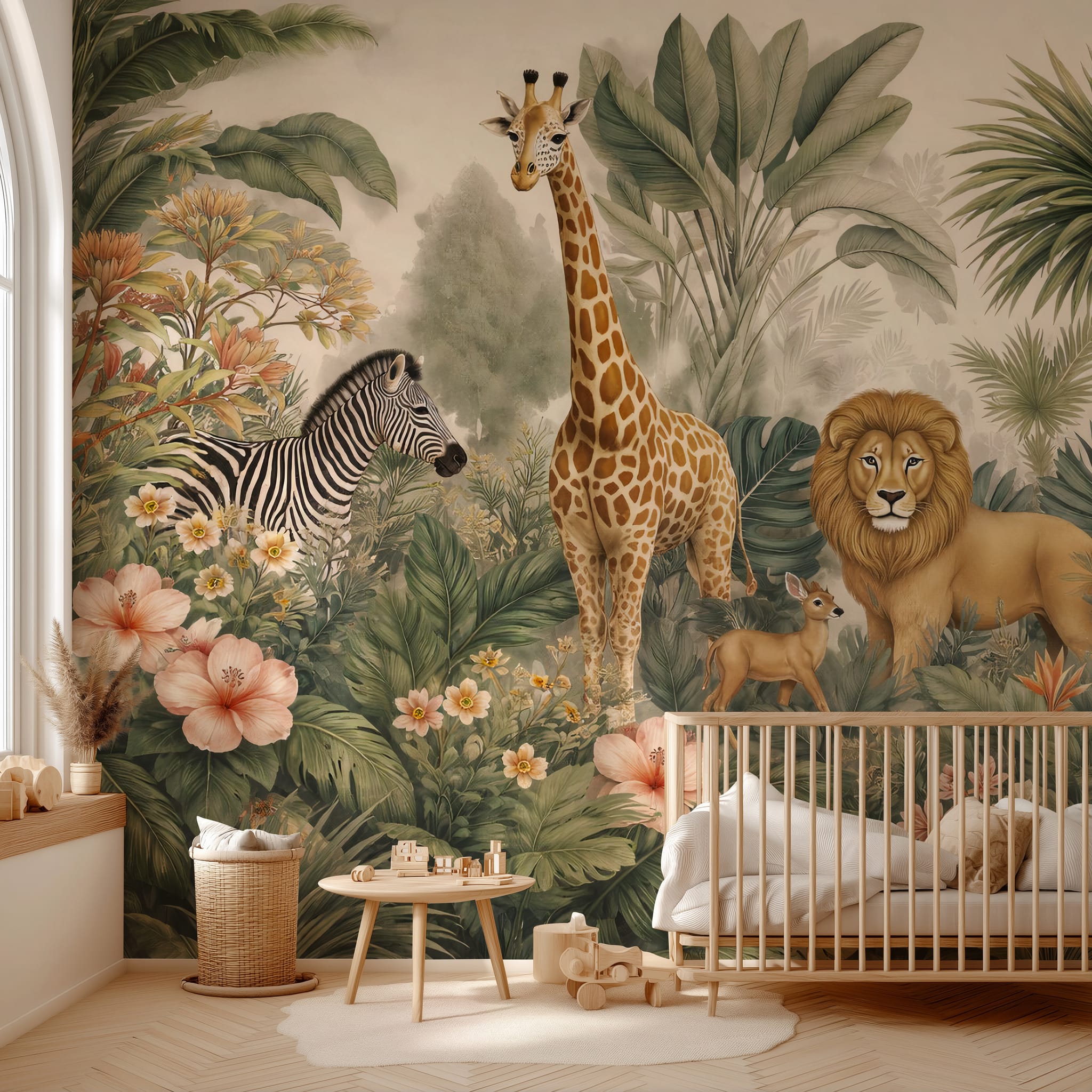 Floral safari wallpaper featuring giraffe zebra lion and tropical foliage