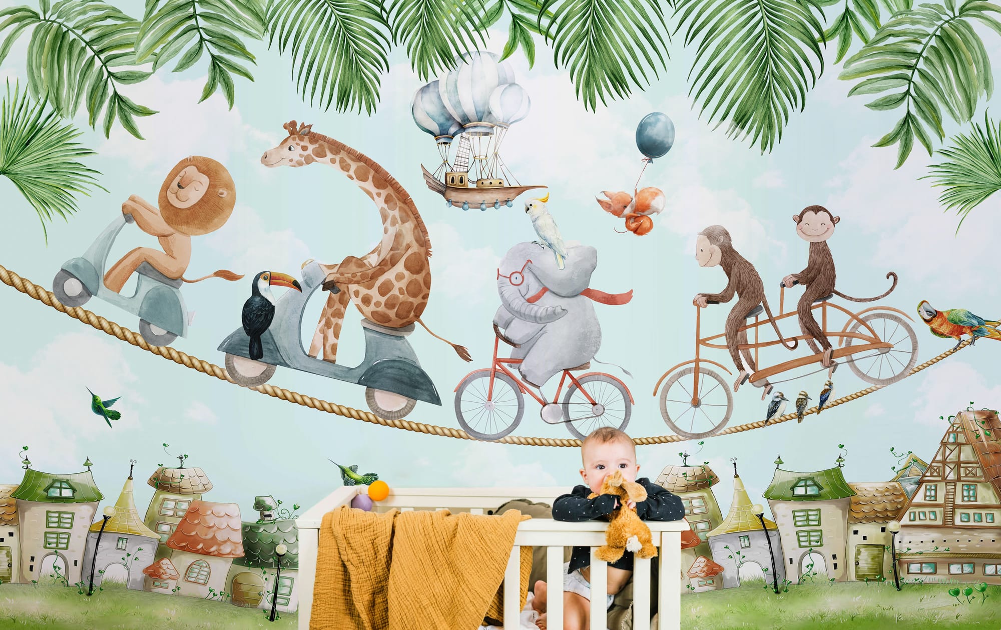 Whimsical animal wallpaper with giraffe elephant monkeys and flying balloon ship