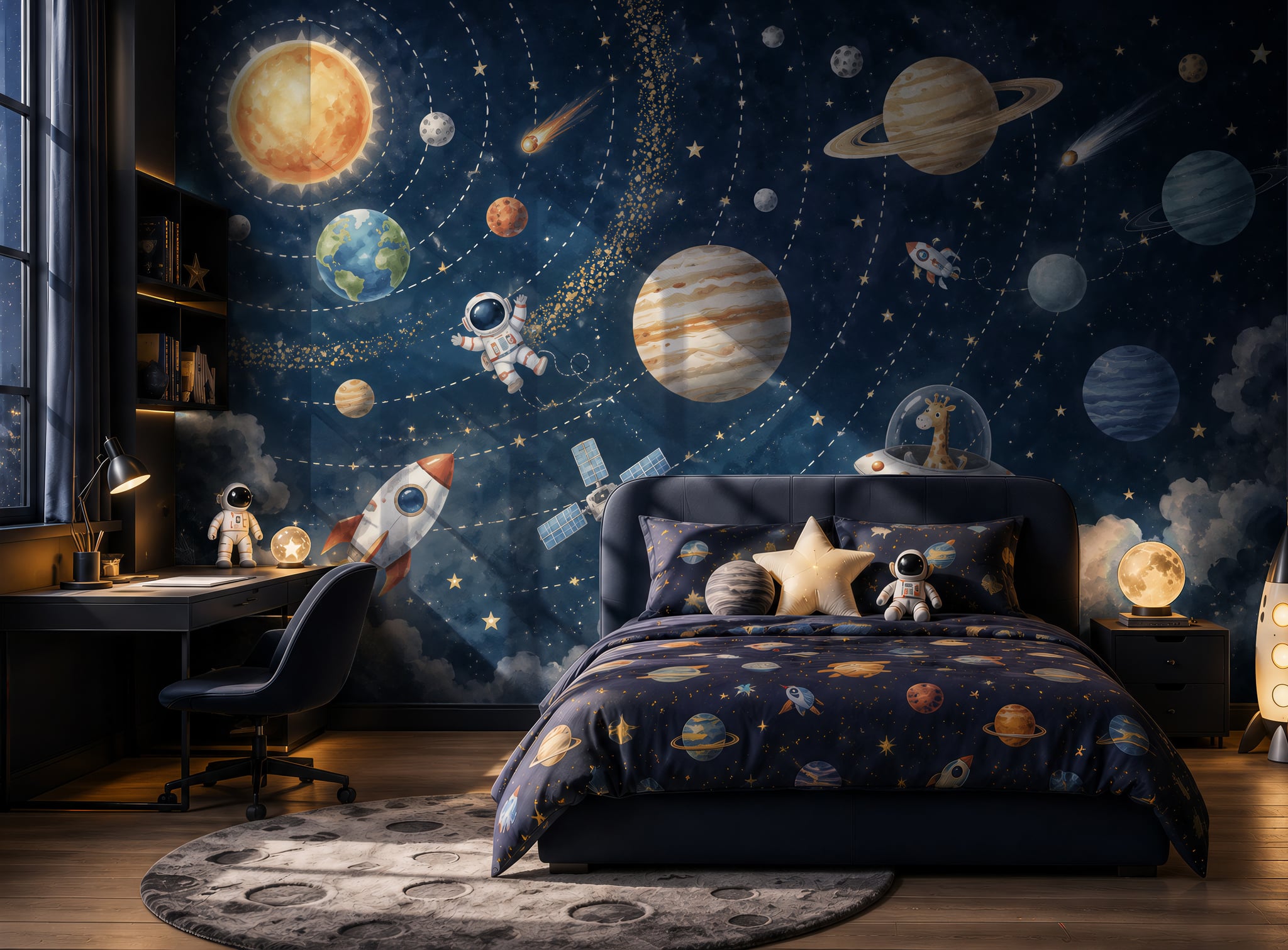 Kids space wall mural displayed in a bedroom with solar system planets, stars, rocket, and playful astronaut